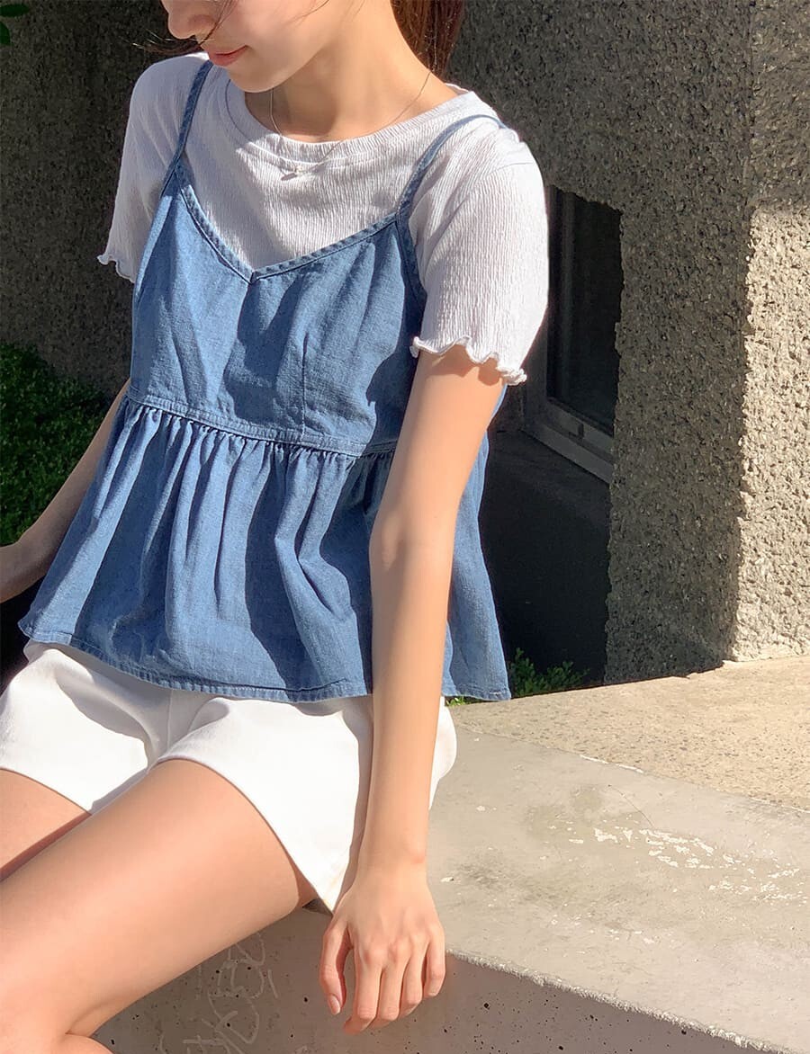 韓國Cherrykoko授權 簡約經典純棉細肩寬襬牛仔背心