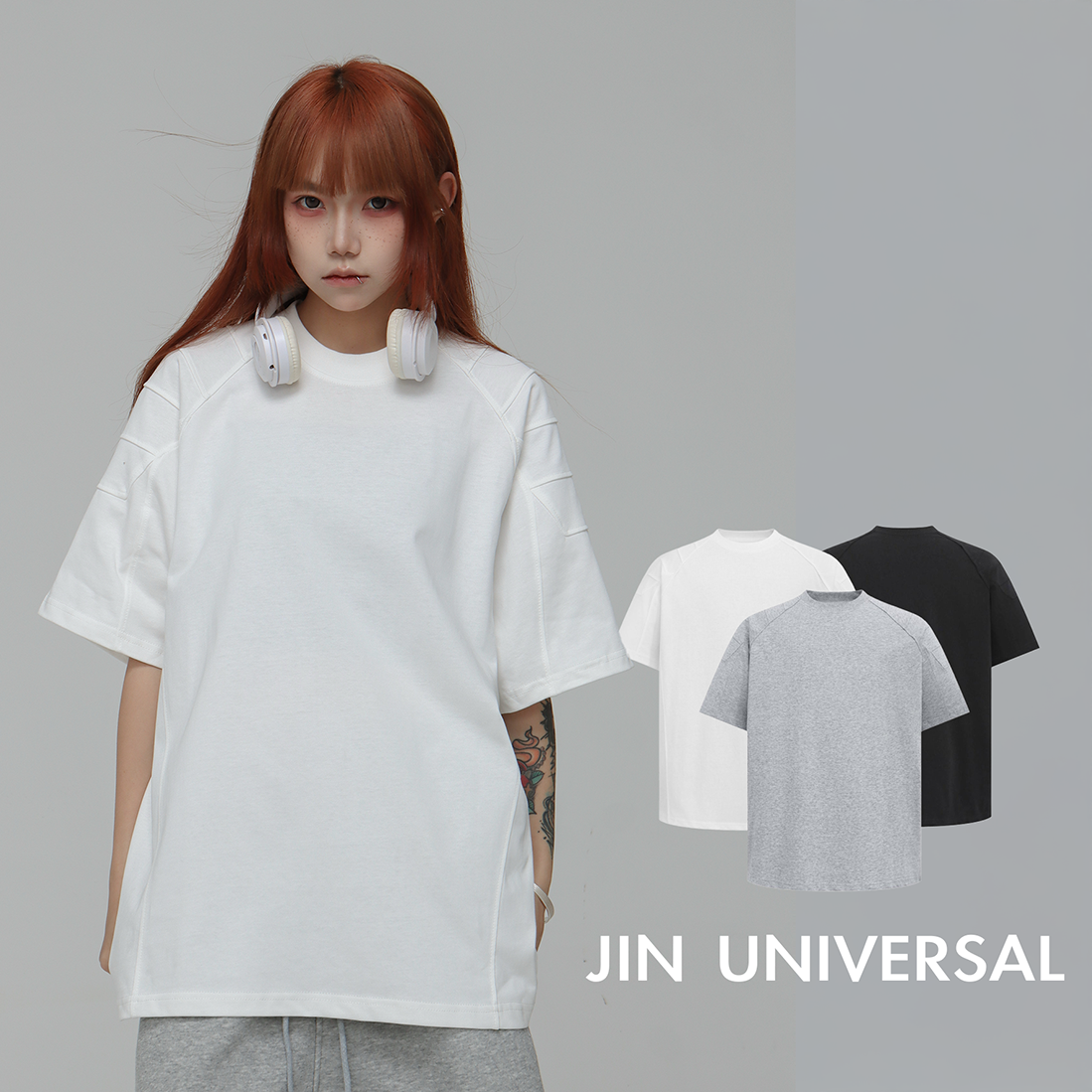 JIN UNIVERSAL 美式盔甲感縫邊條短T 短袖 上衣 TEE