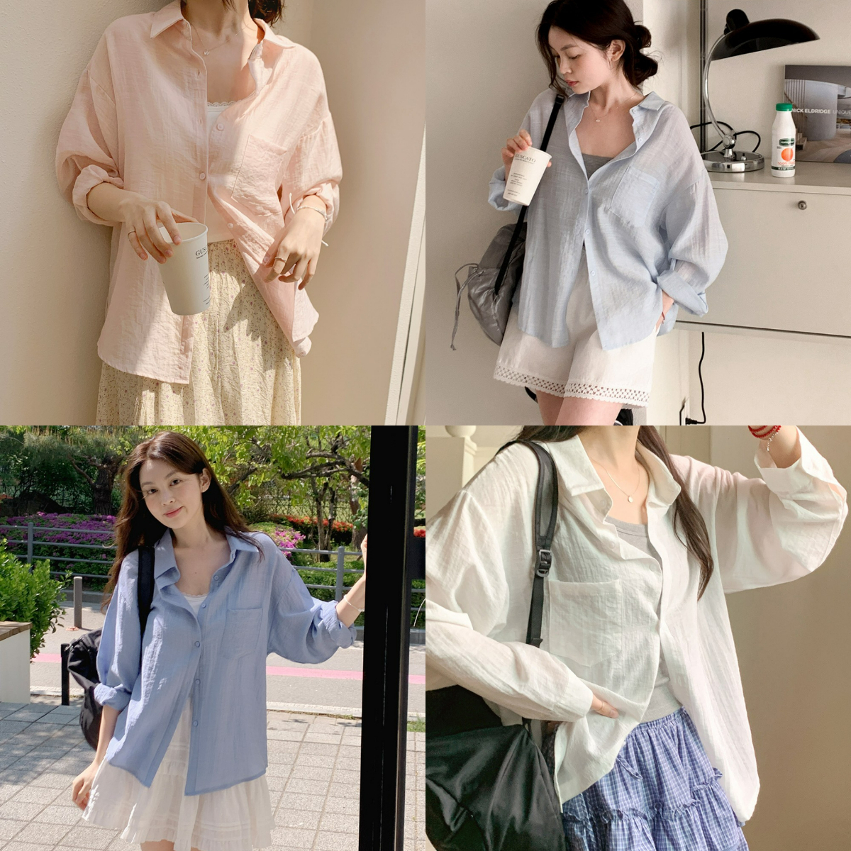 韓國grace muse授權 夏日四色涼絲寬鬆落肩感薄款襯衫