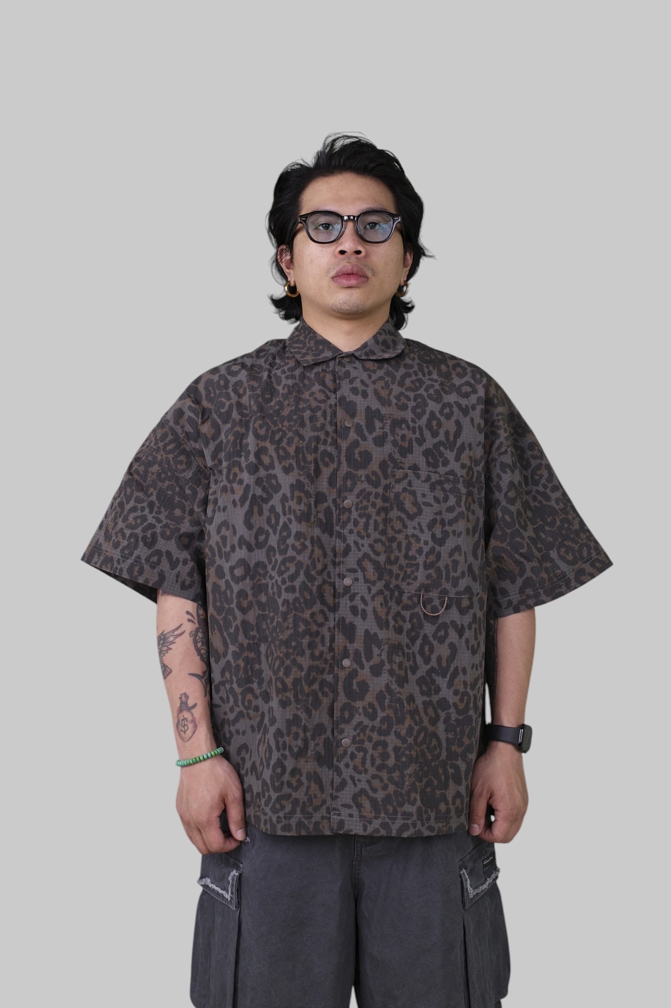 『Always_Good』大豹紋 十字格紋布 壓扣 口袋 短袖襯衫