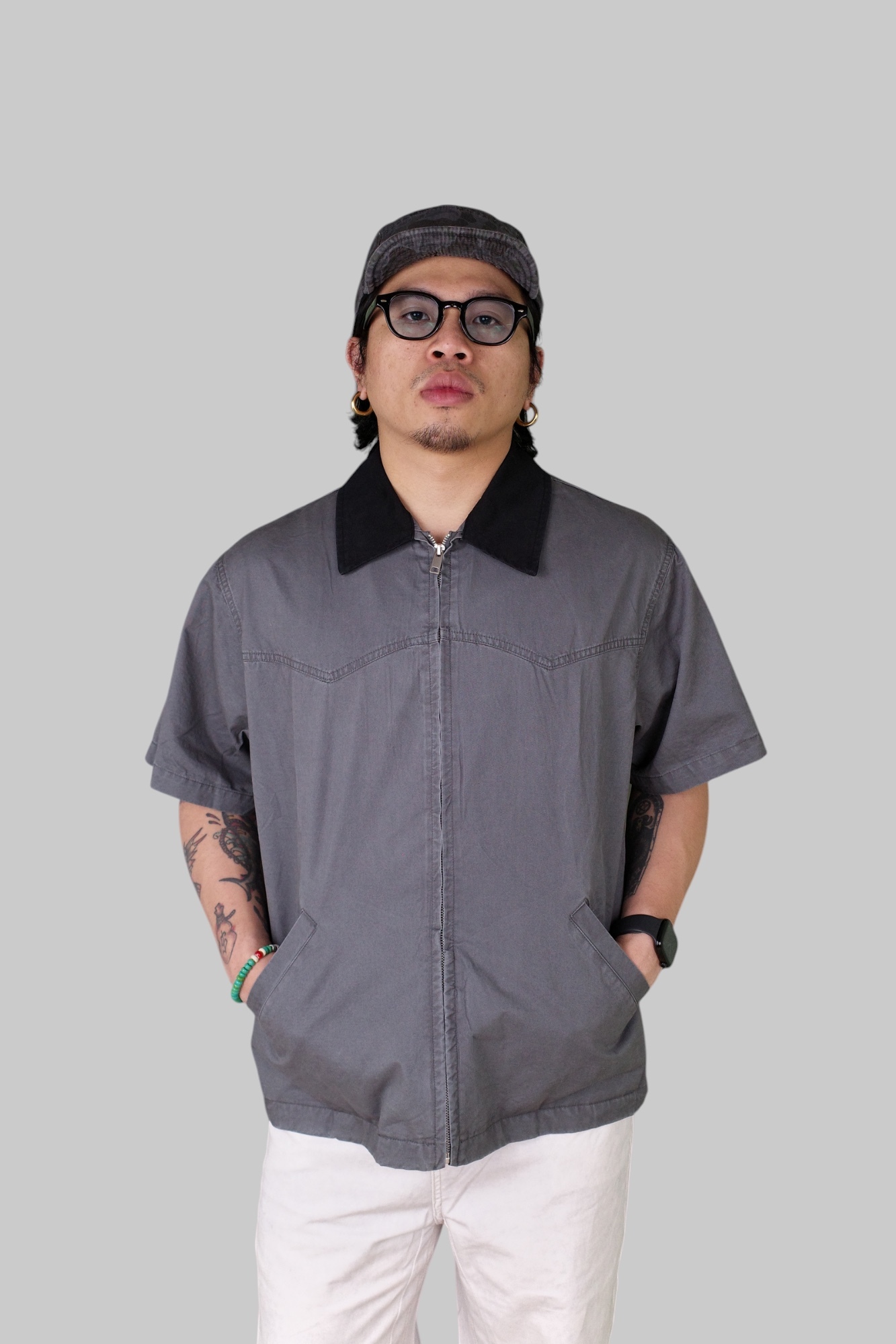 『Always_Good』撞色領 Cleanfit 水洗 工裝 拉鍊 短袖襯衫