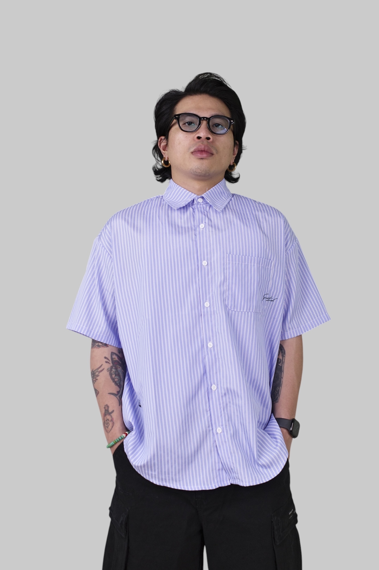 『Always_Good』日系 基礎款 刺繡 口袋 直條紋 短袖襯衫