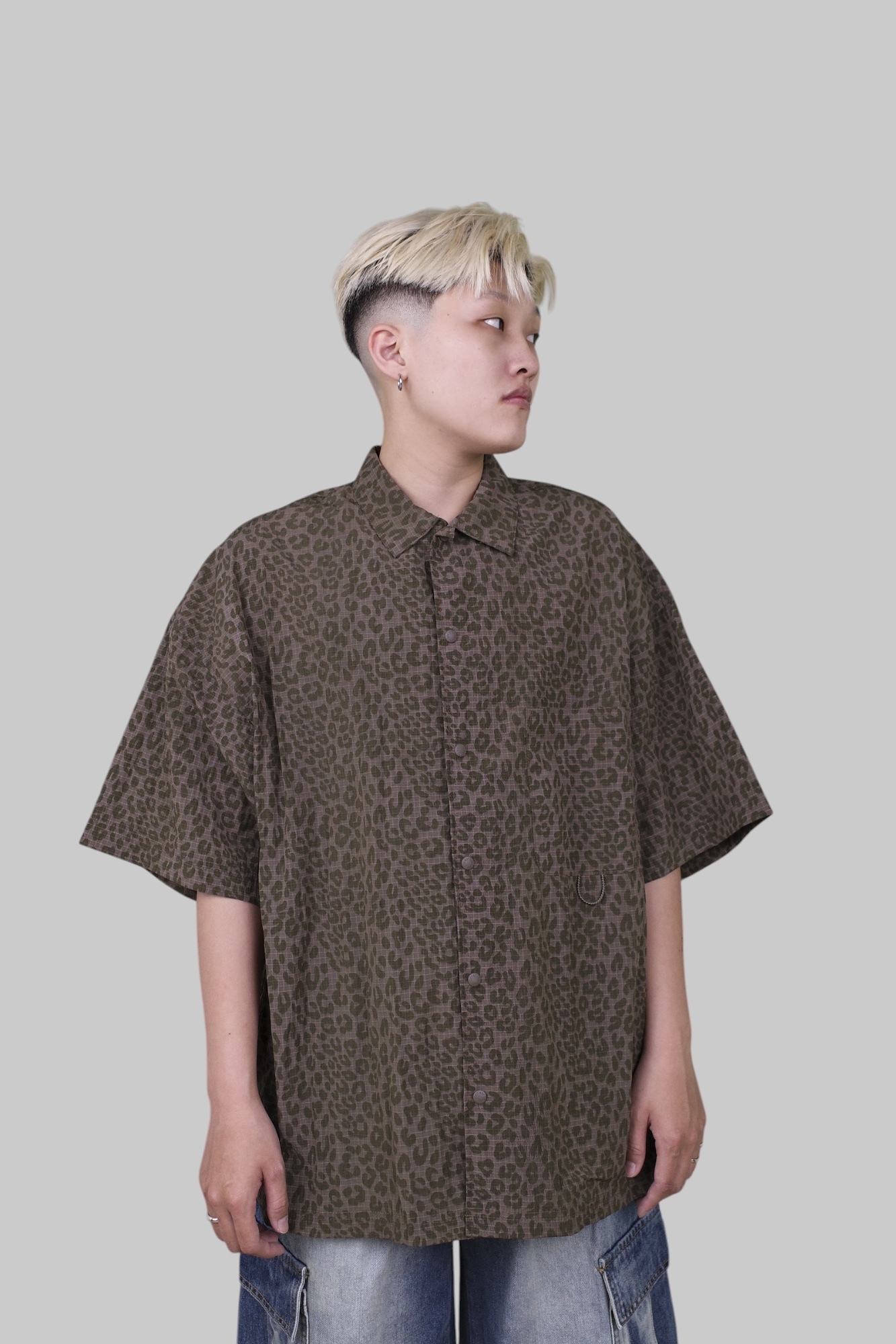 『Always_Good』小豹紋 十字格紋布 壓扣 口袋 短袖襯衫