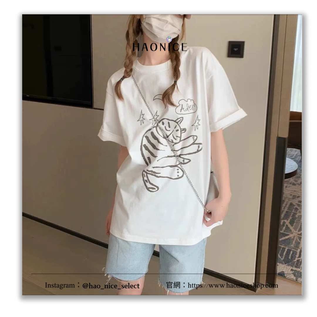 【HAO NICE 】韓國🇰🇷潮流 ADER ERROR 25SS 春夏新款 可愛卡通塗鴉貓咪❤️  百搭可愛短T❤️