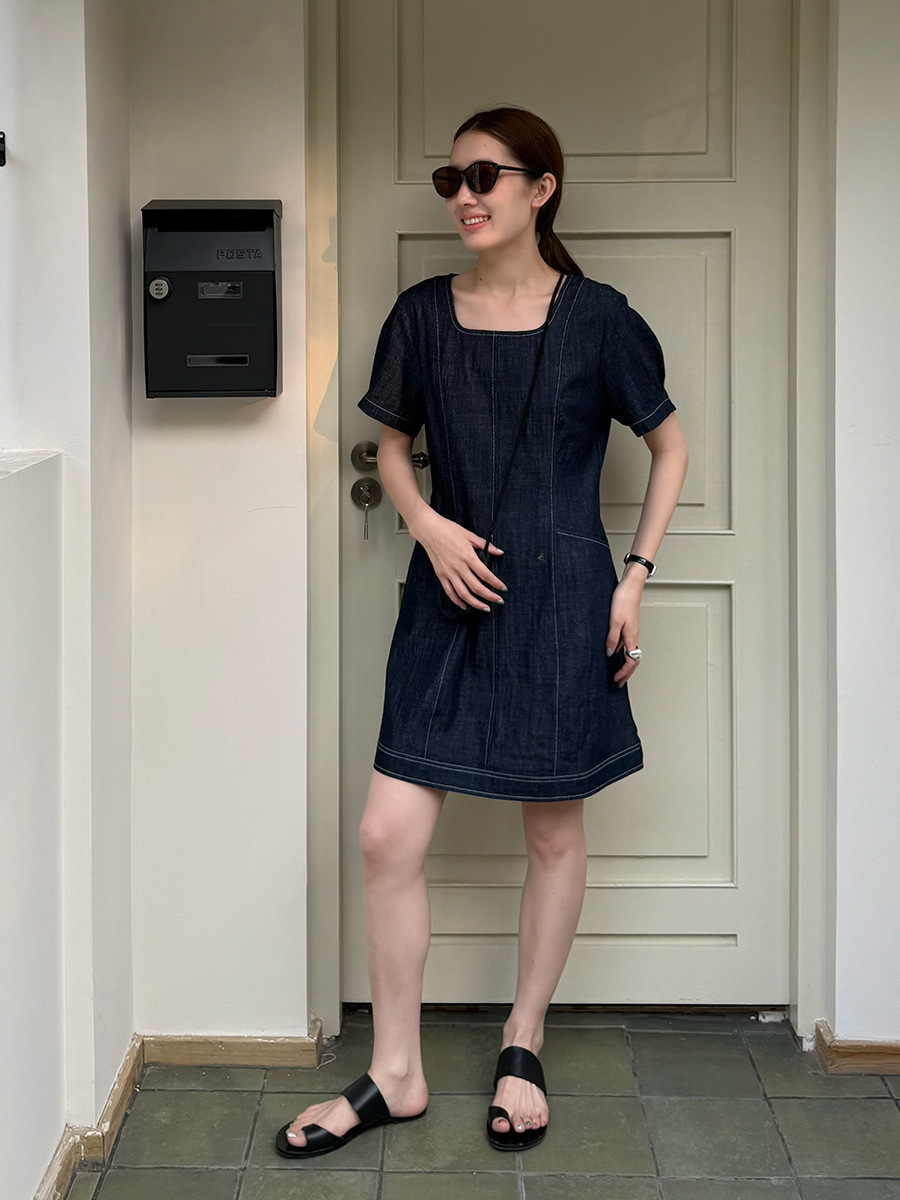 6W15 復古方領明線牛仔洋裝 一色