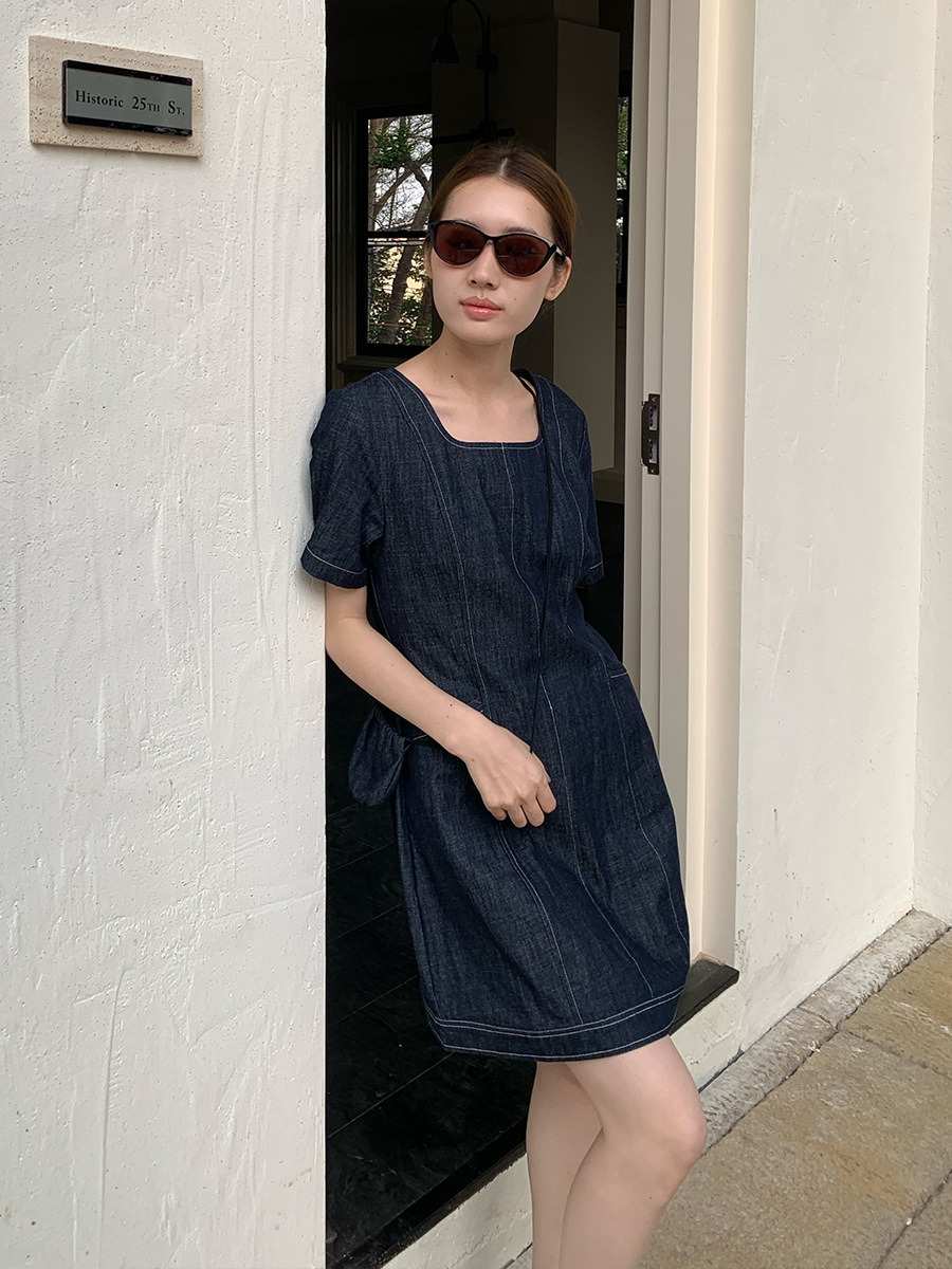 6W15 復古方領明線牛仔洋裝 一色