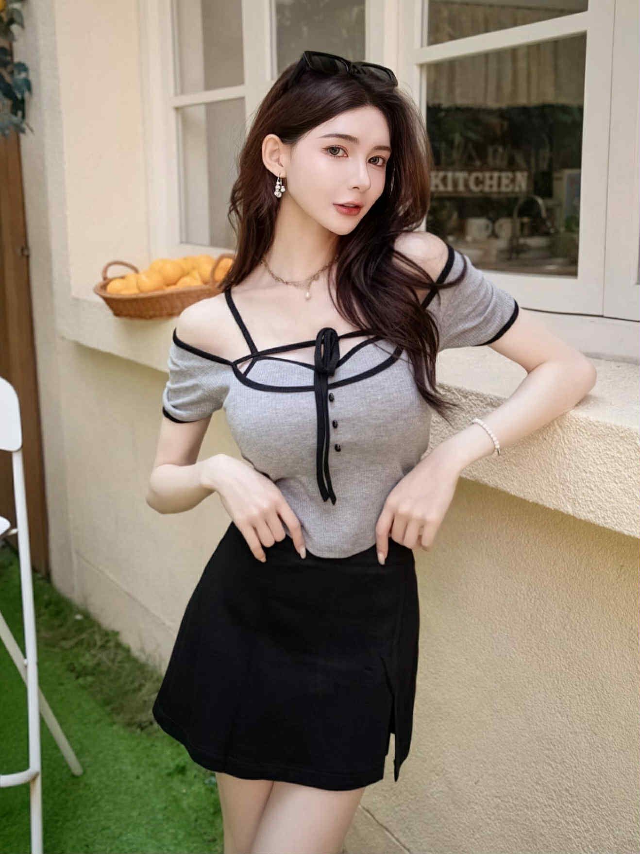 🤍假兩件綁帶滾邊Bra-T恤（灰色均碼）