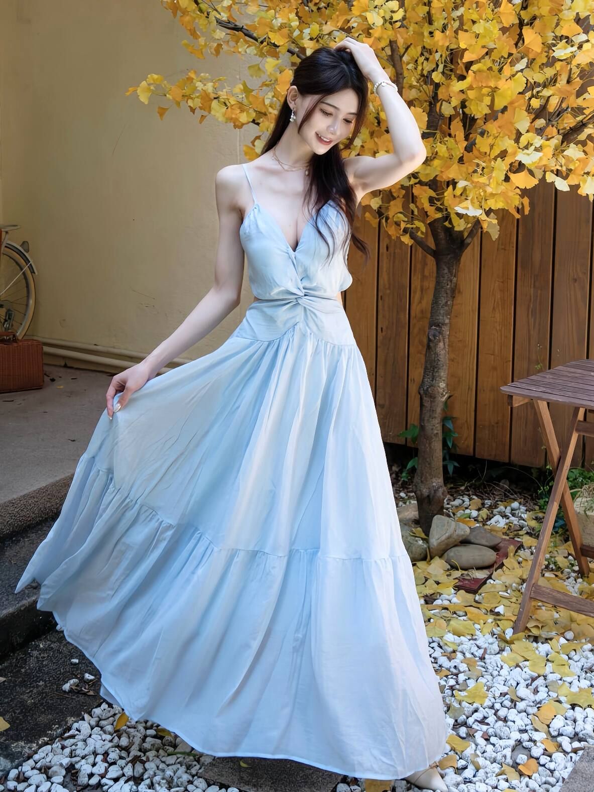 🤍扭結鏤空渡假棉麻長洋裝（冰藍色均碼）