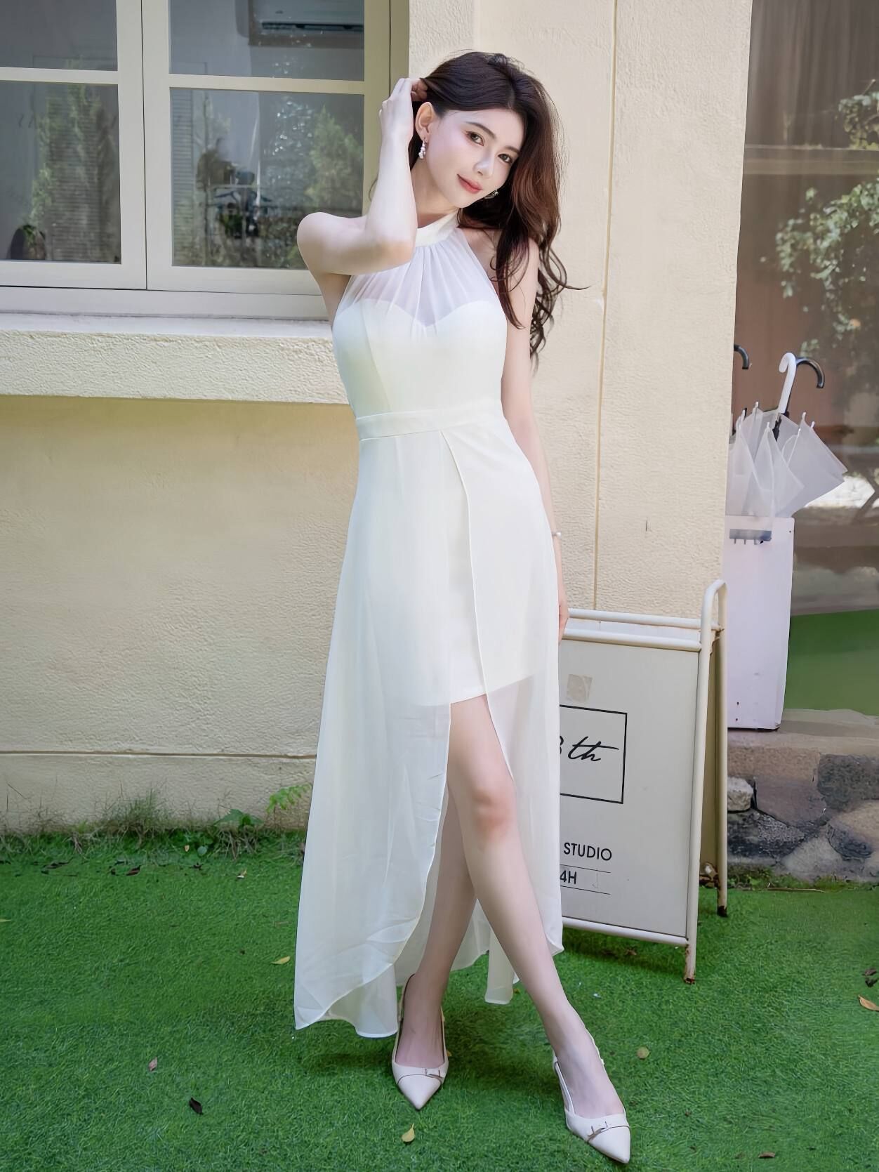 獨家訂製🤍前短後長雪紡拼接削肩長洋裝（白色S/M）