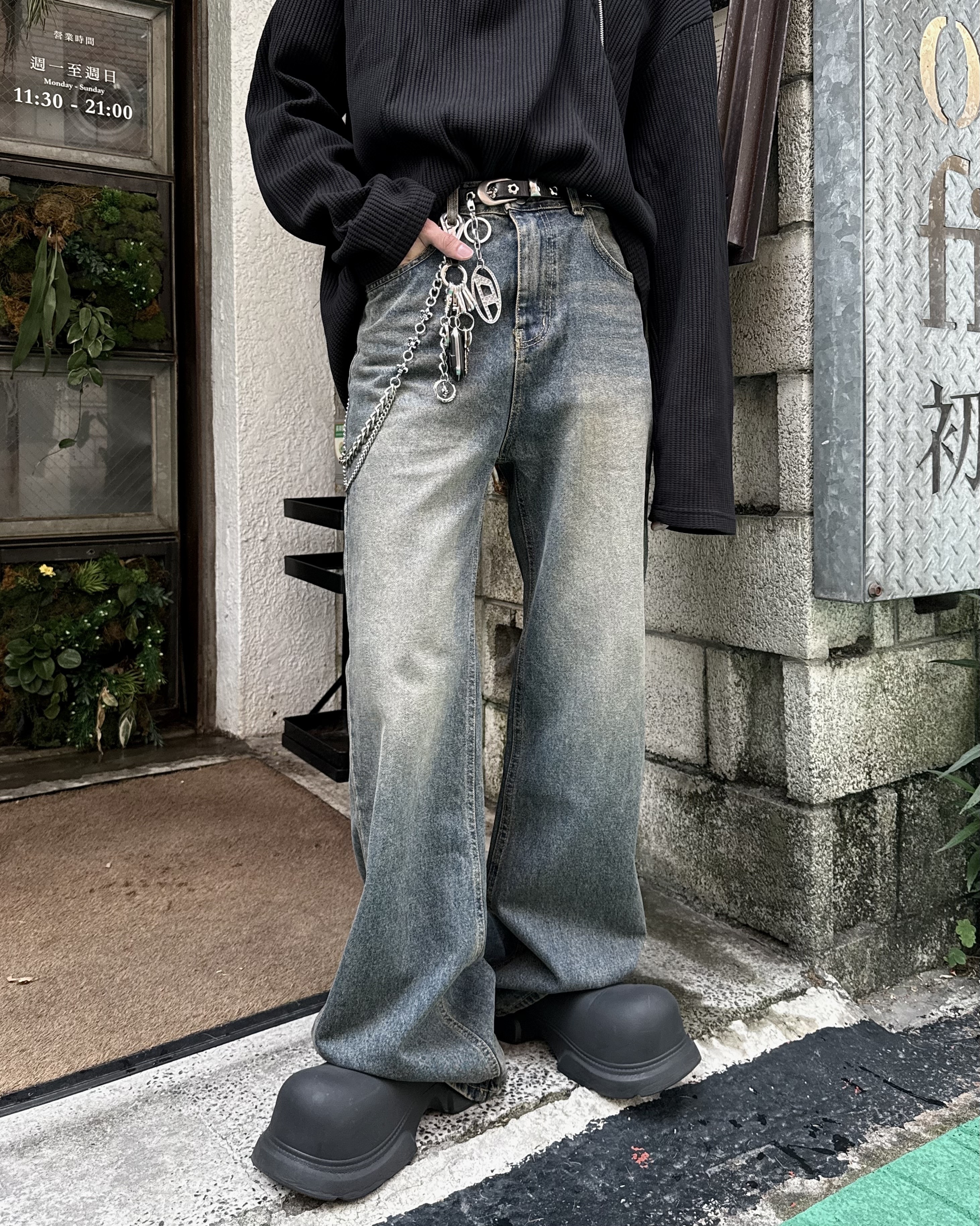 𝐇·𝐓·𝐒 韓國 喇叭主義 復古水洗 做舊 微喇叭 落地 寬版 牛仔長褲