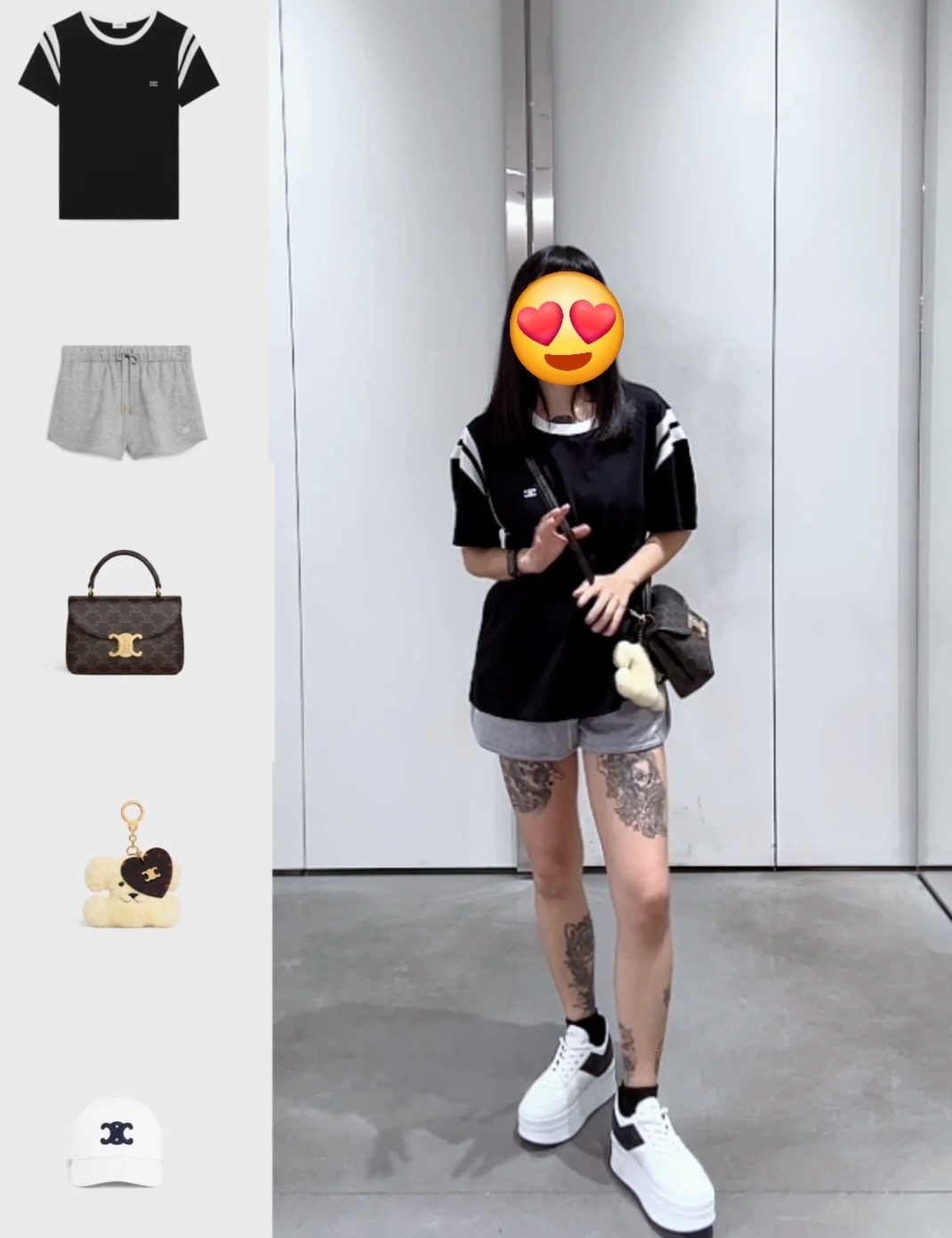 CELINE 黑色併白邊 刺繡Logo Tee