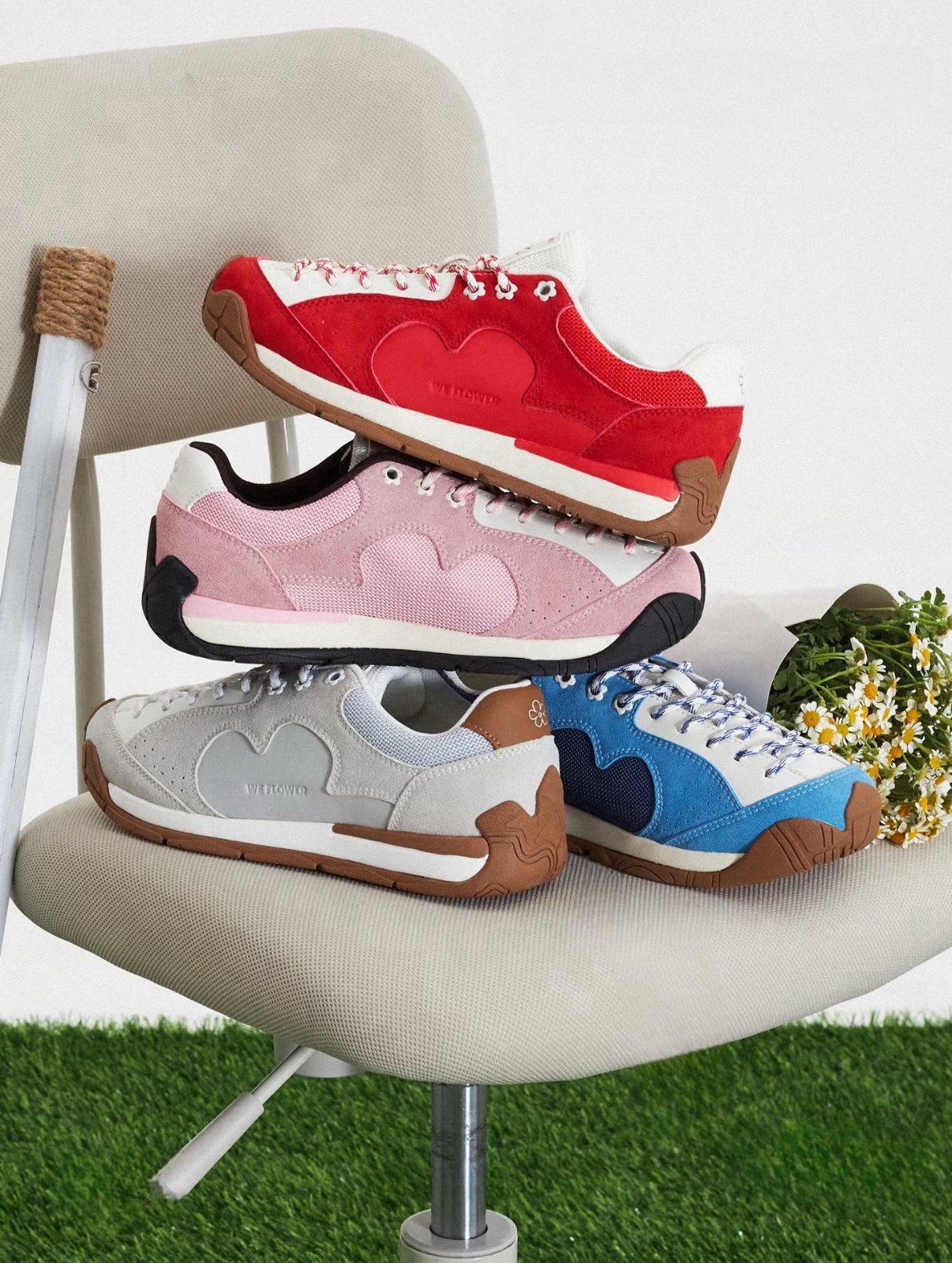 We Flower 小花鞋 流浪鞋 麂皮 拼接 焦糖底 復古 德訓鞋 櫻花粉 晴空藍 月光白 櫻桃紅/預購