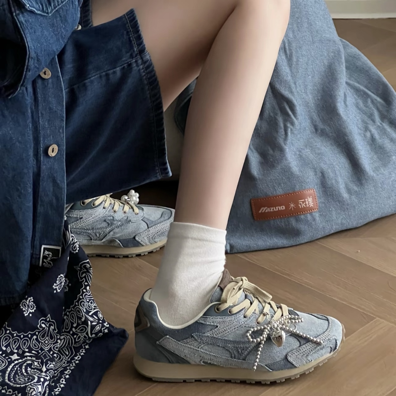 MIZUNO LG 60S 2K 牛仔拼接 藍 美津濃 禮盒套裝 送禮 女鞋 D1GH242109