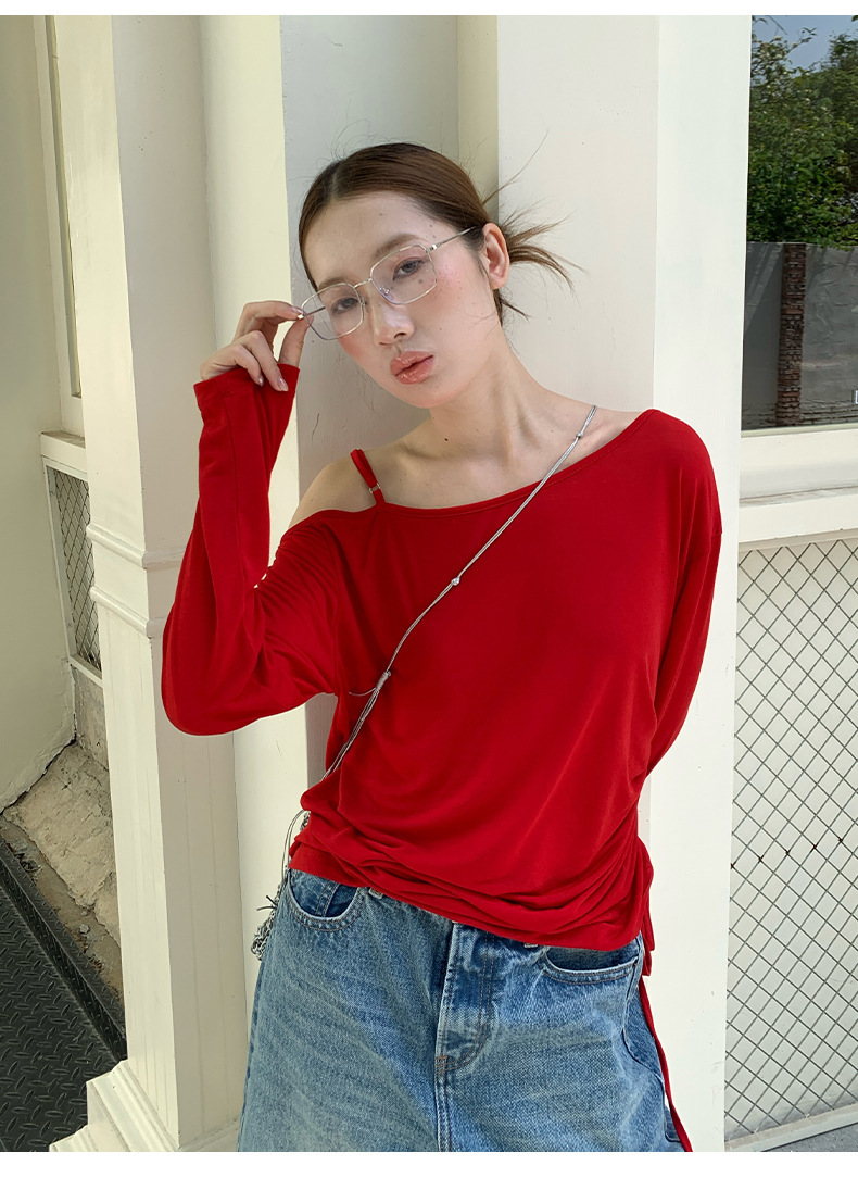 6W12 小心機斜肩薄長袖上衣 七色