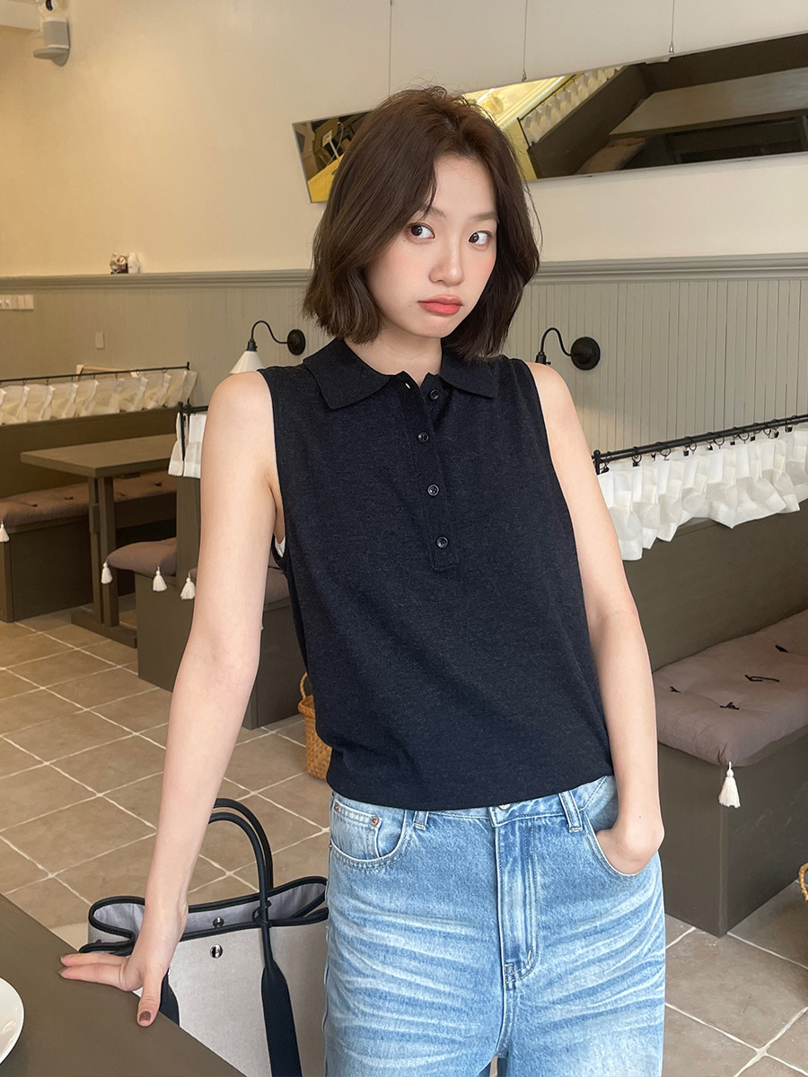 6W06  復古POLO翻領薄針織背心 五色