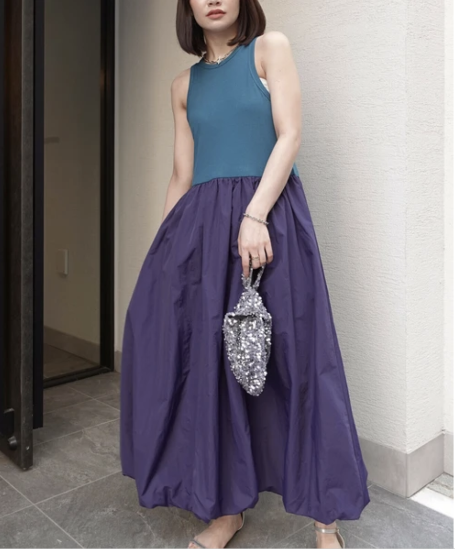 ｛Special Price｝藍色拼紫色燈籠連身裙【日本直送】