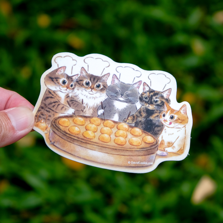 補補貓‧大衛煮愛｜防水貼紙L｜章魚燒好朋友