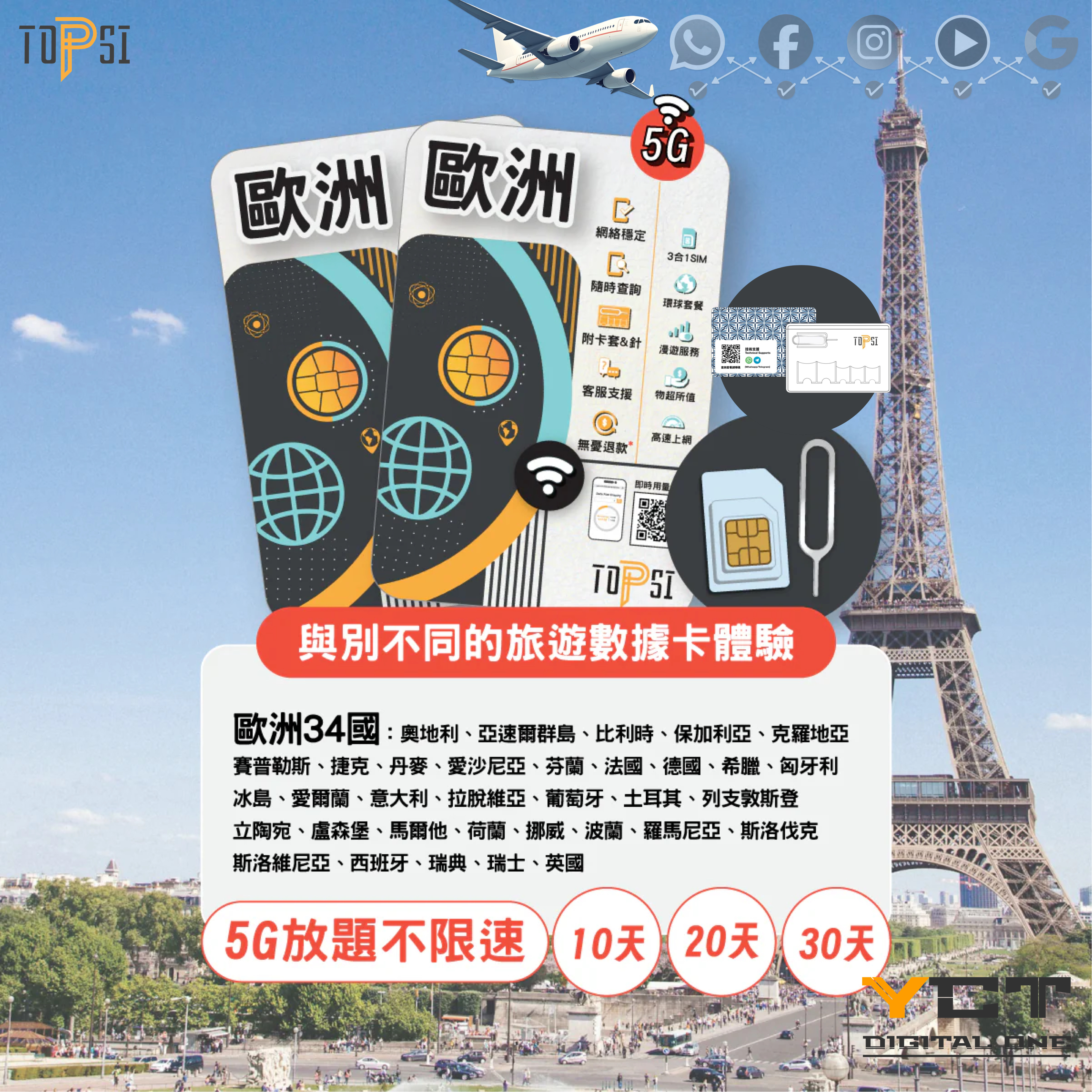 Topsi [5G] 歐洲34國 10天 / 20天 / 30天 放題不限速