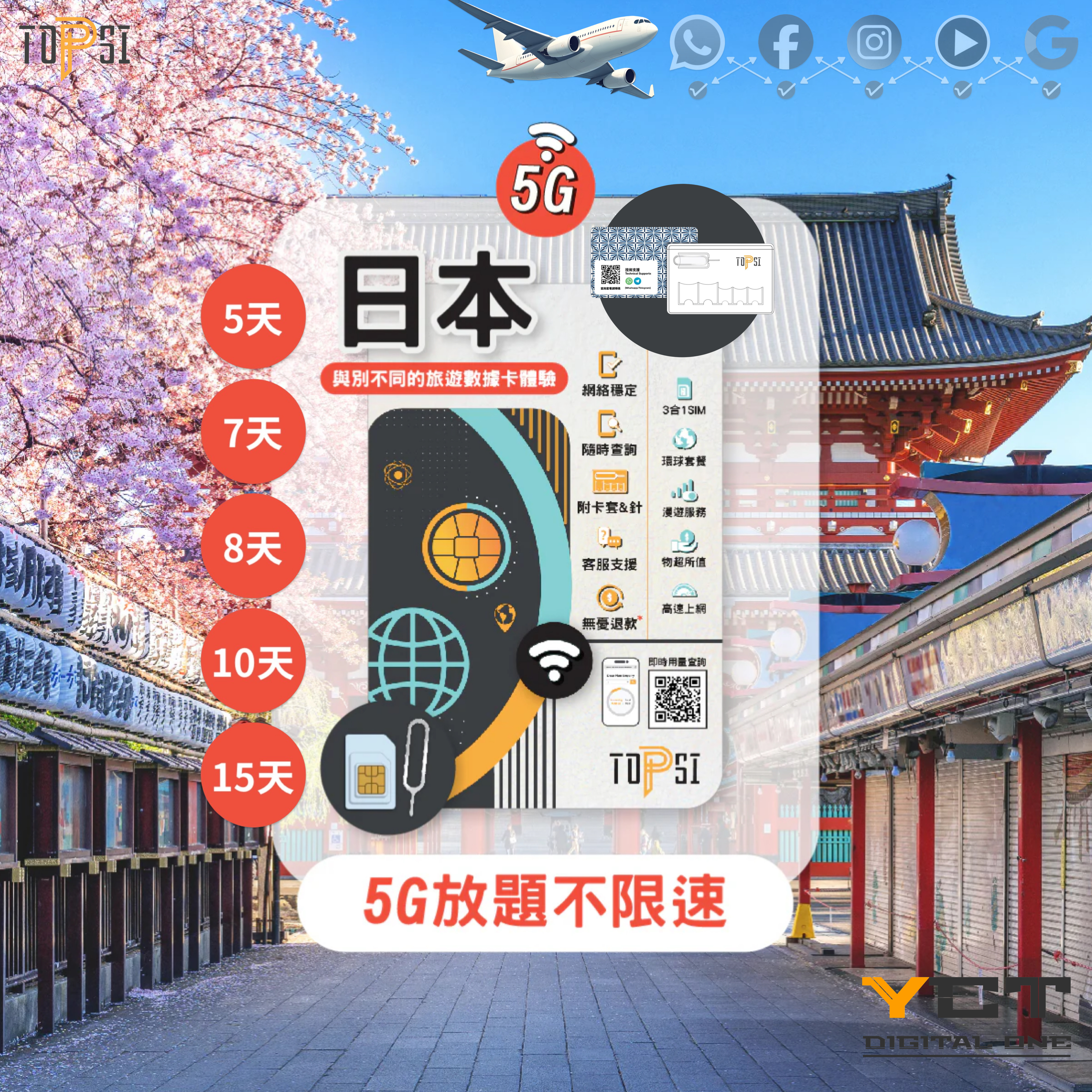 Topsi [5G] 日本 5天 / 7天 / 8天 / 10天 / 15天 Softbank / KDDI 放題不限速