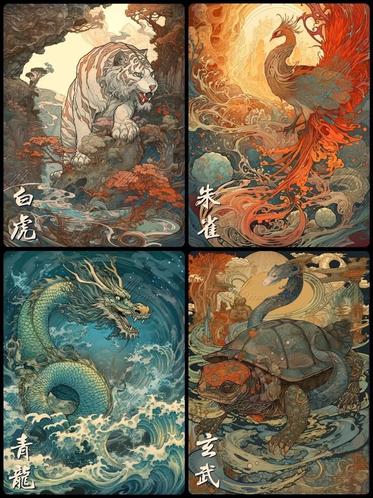 「四聖獸插畫圖騰｜青龍、白虎、朱雀與玄武神獸形象，以東方神話風格繪製，展現自然力量與靈獸守護意象」