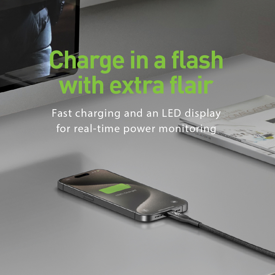 ENERGEA Flow USB-C to Lightning 3A PD60W 1.5m 麻紡布料帶數位顯示快充傳輸線