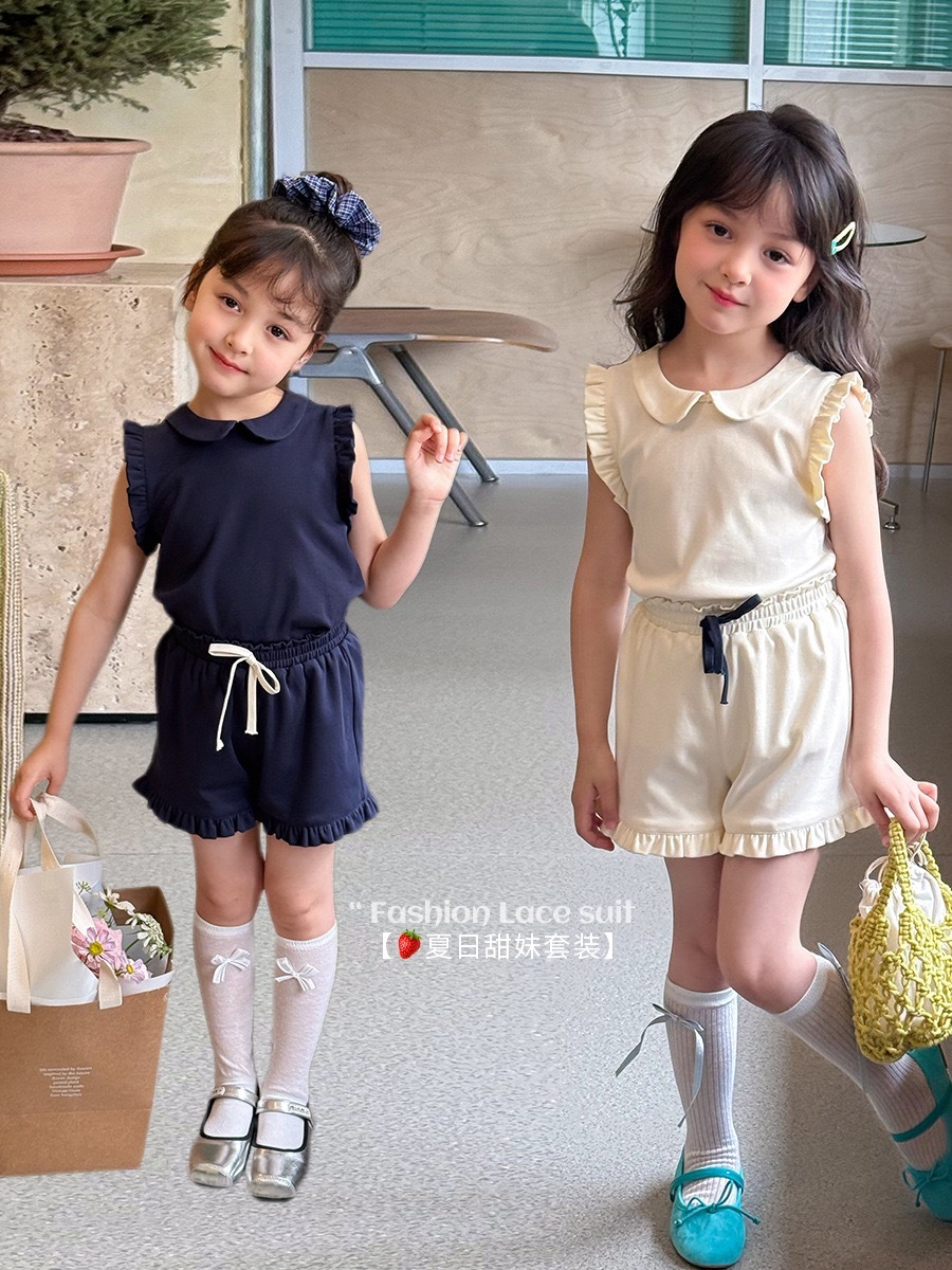 兩色甜美花邊無袖套裝