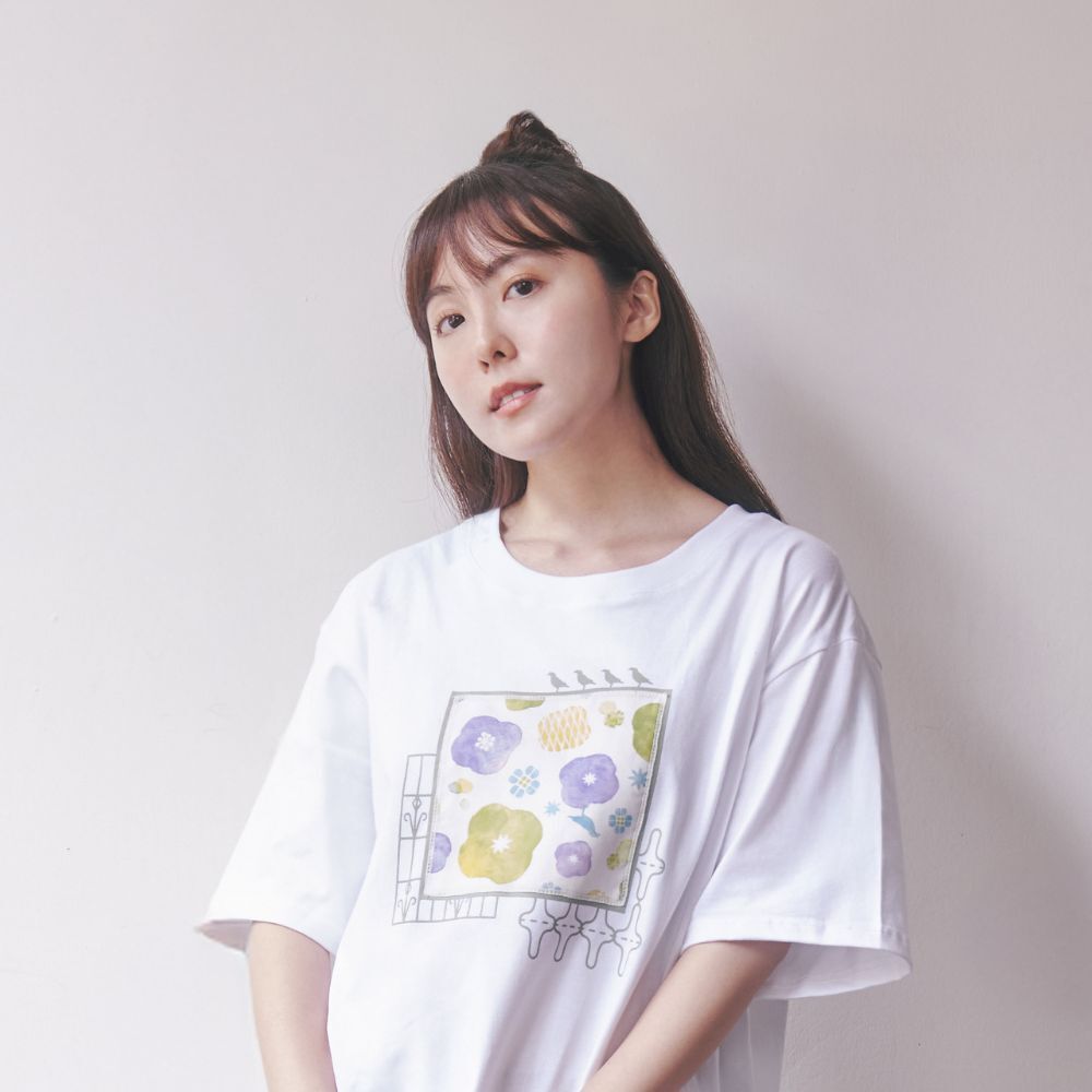 Frame T-Shirt/Begonia Glass Pattern No.17/Pastel Lilac/White