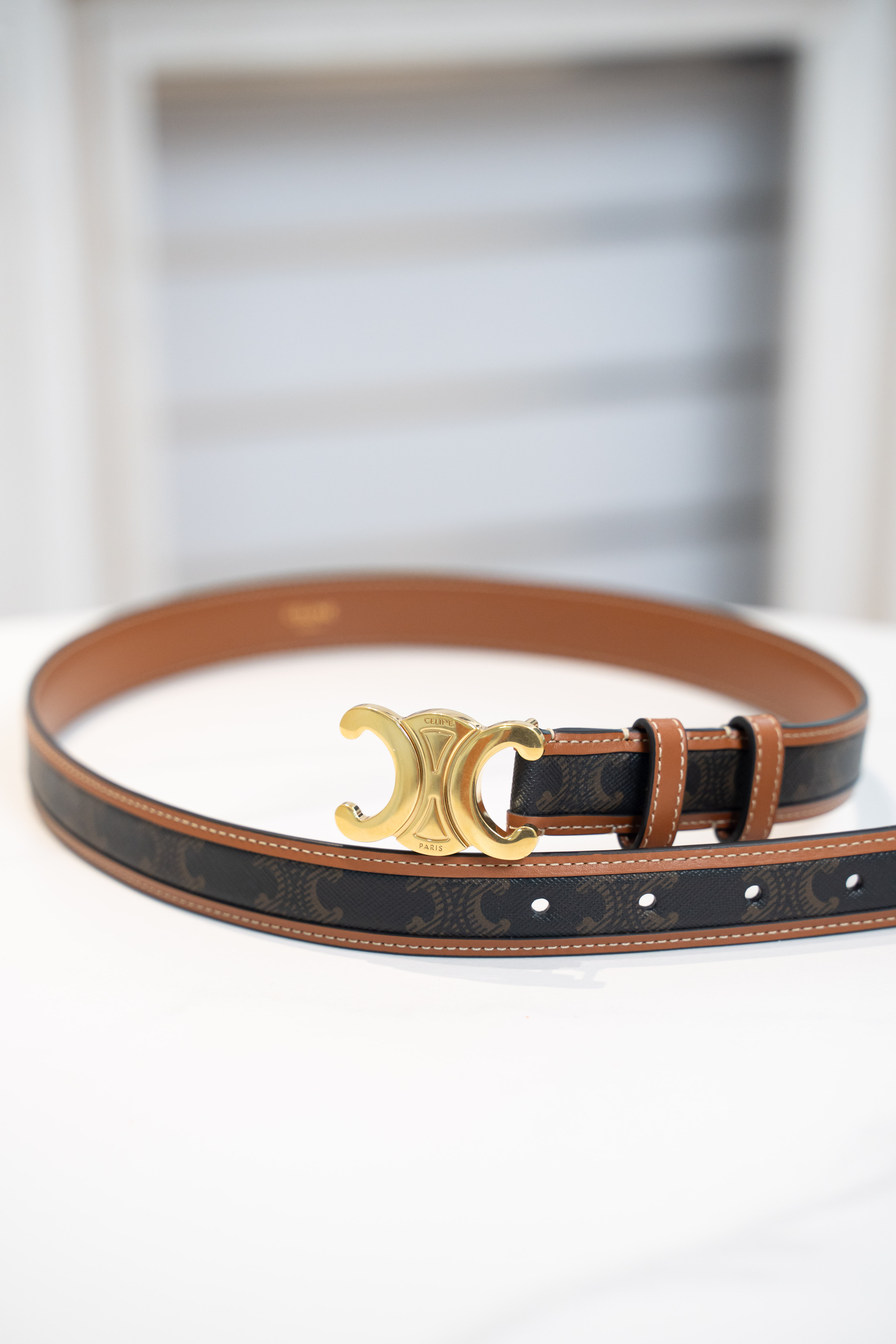 CELINE 老花平滑扣 牛皮帆布 皮帶 啡色 2.5cm