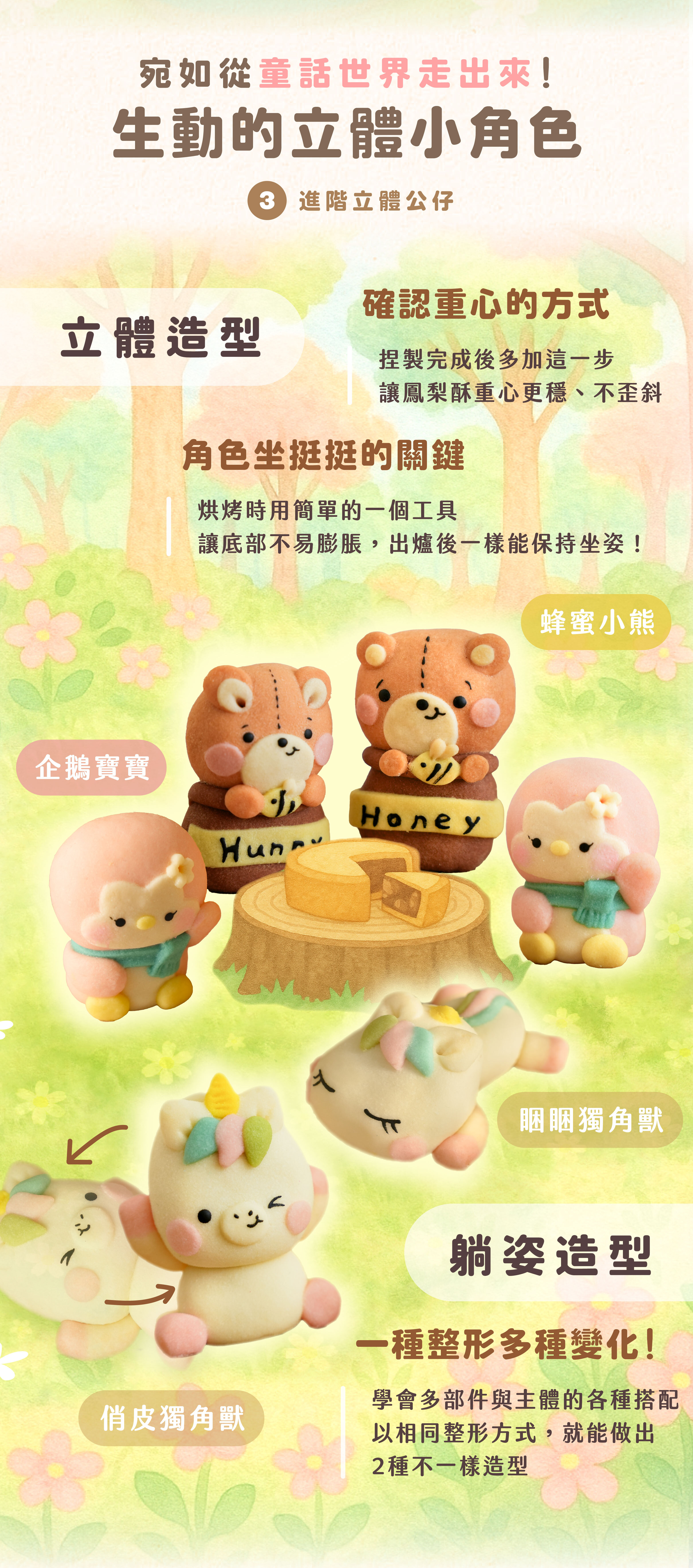 “heymaster與嘟嘟老師造型鳳梨酥獨家品項：進階立體公仔造型鳳梨酥：睏睏獨角獸、俏皮獨角獸、蜂蜜小熊、企鵝寶寶，確認重心的方式：完成後多加這一步，讓鳳梨酥重心更穩不歪斜。保持坐姿的訣竅：烘烤過程用簡單的一個工具，讓底部不易膨脹，出爐後一樣能保持坐姿！”