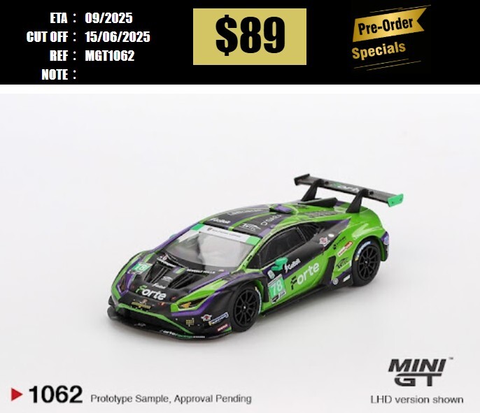 PO-$89 * MINI GT * 1:64 #1062 Lamborghini Huracán GT3 EVO2 #78 Forte Racing 2024 IMSA Daytona 24 Hrs [OD02/06]