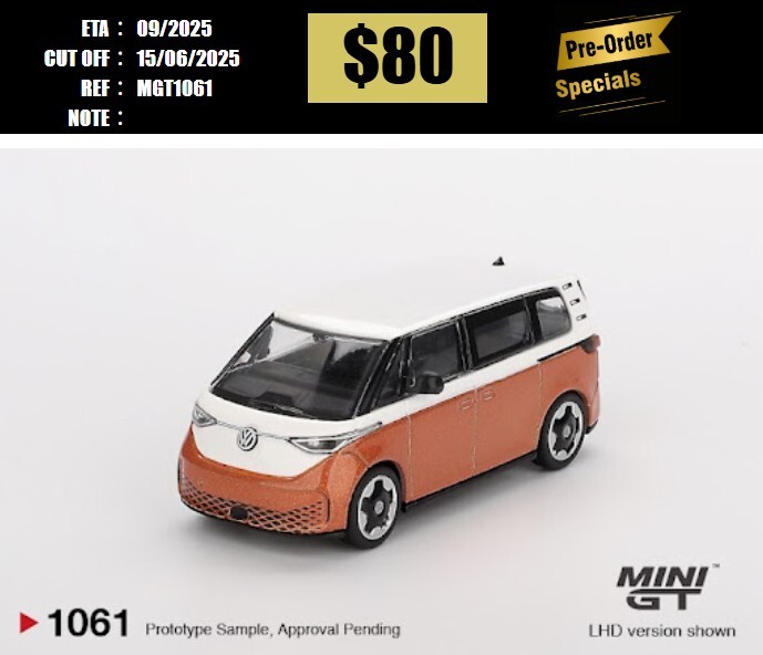 PO-$80 * MINI GT * 1:64 #1061 Volkswagen ID.Buzz Candy White / Energetic Orange RHD [OD02/06]