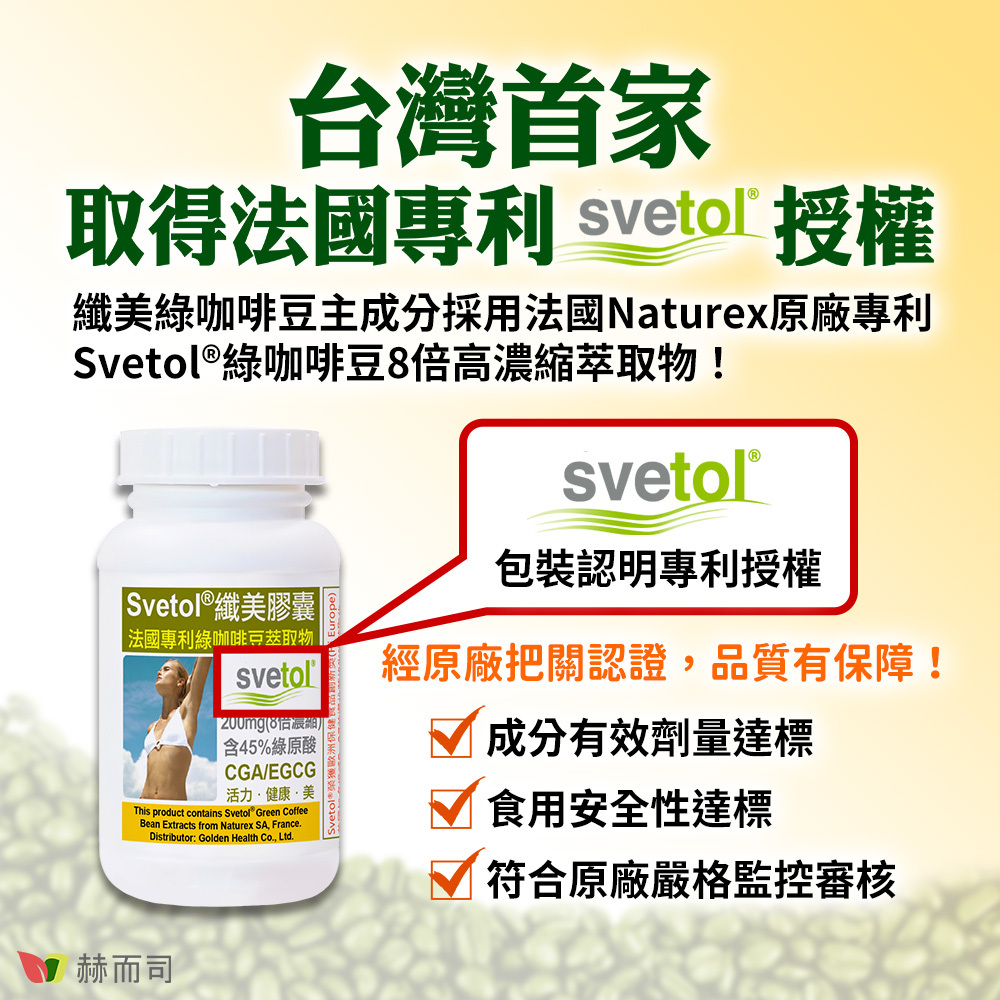 綠咖啡豆推薦 赫而司纖美Svetol®綠咖啡豆升級版為台灣首家取得法國Naturex原廠專利Svetol®授權，8倍高濃縮萃取物，包裝可認明Svetol專利商標授權，經原廠把關認證，品質有保障，成分有效劑量達標與食用安全性達標，符合原廠嚴格監控審核