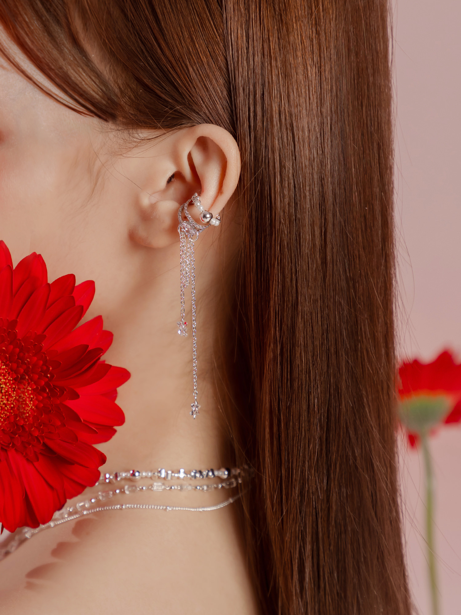 優雅芭蕾舞者。MUCHAT手作鋯石珍珠流蘇耳骨夾(單支)