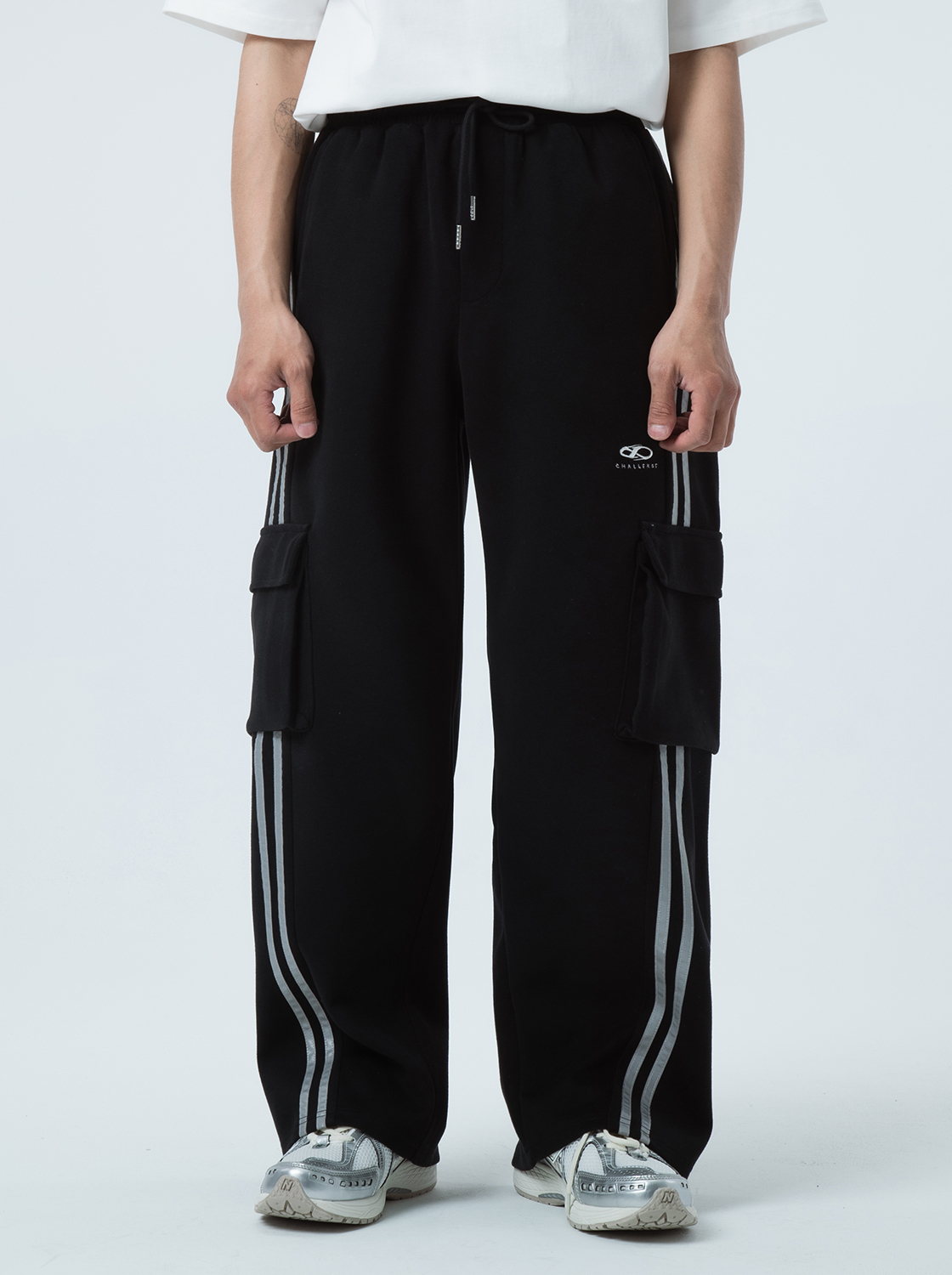 條紋多口袋寬鬆直筒褲