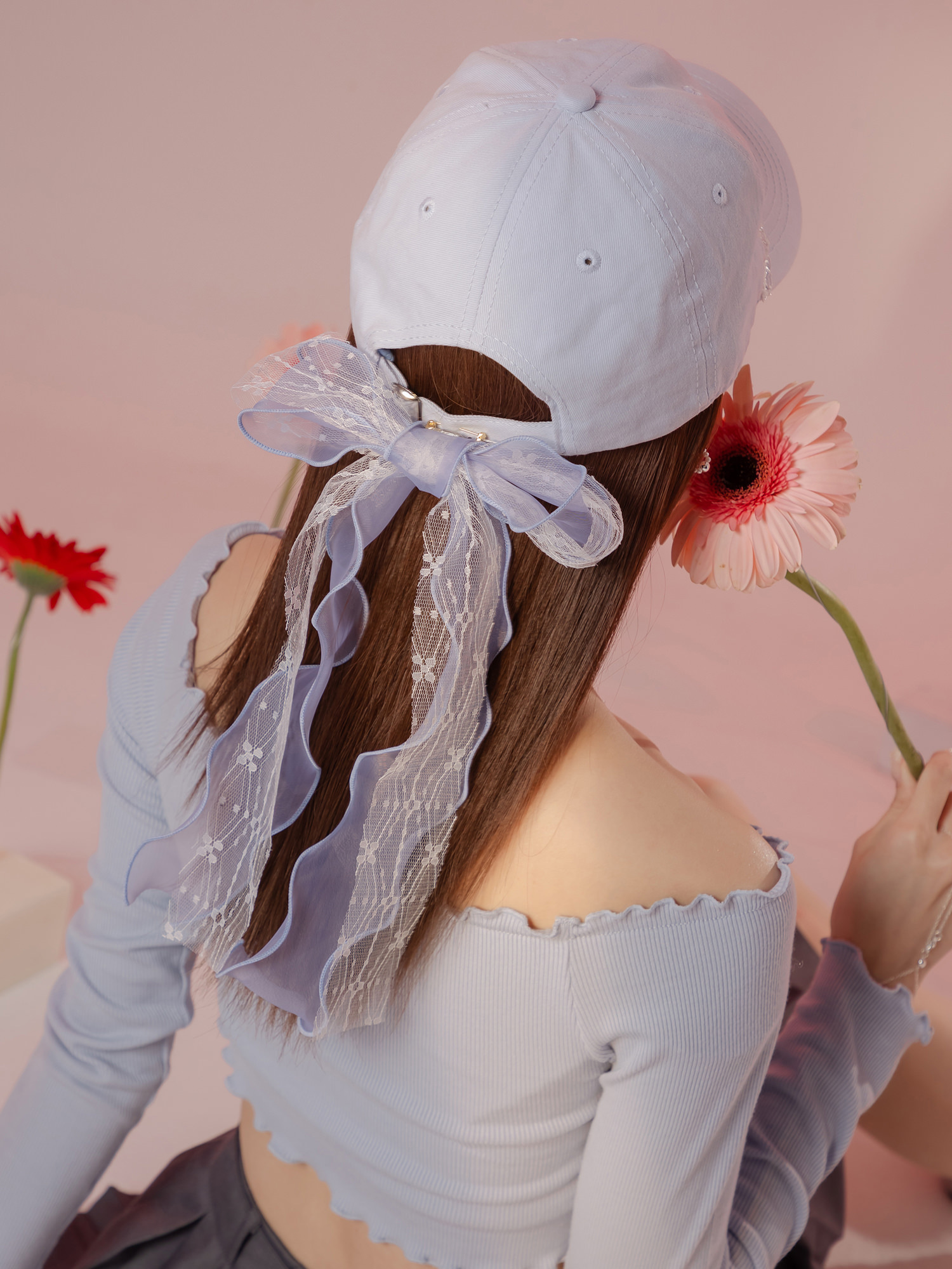 忠於浪漫。MUCHAT手作透紗蝶結蕾絲別針(藍)