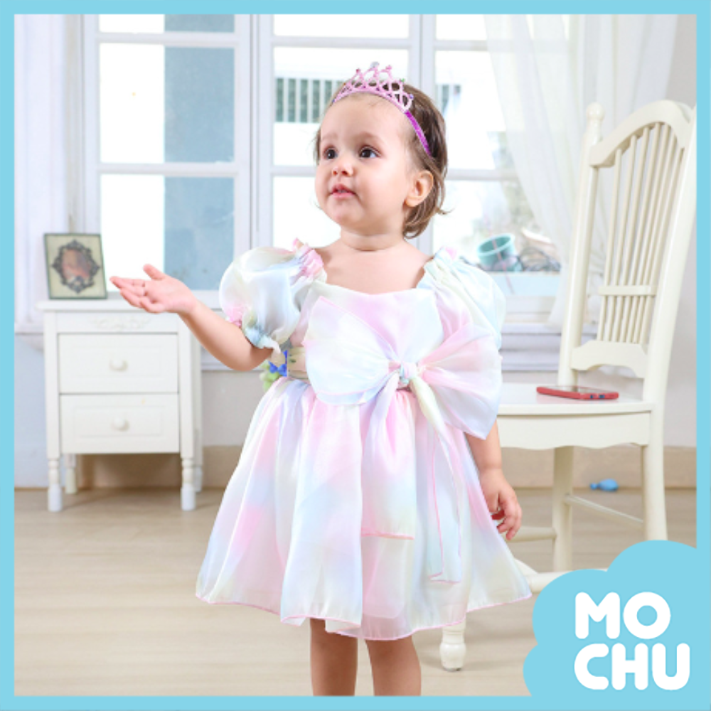 漸變彩虹蝴蝶結泡泡袖洋裝