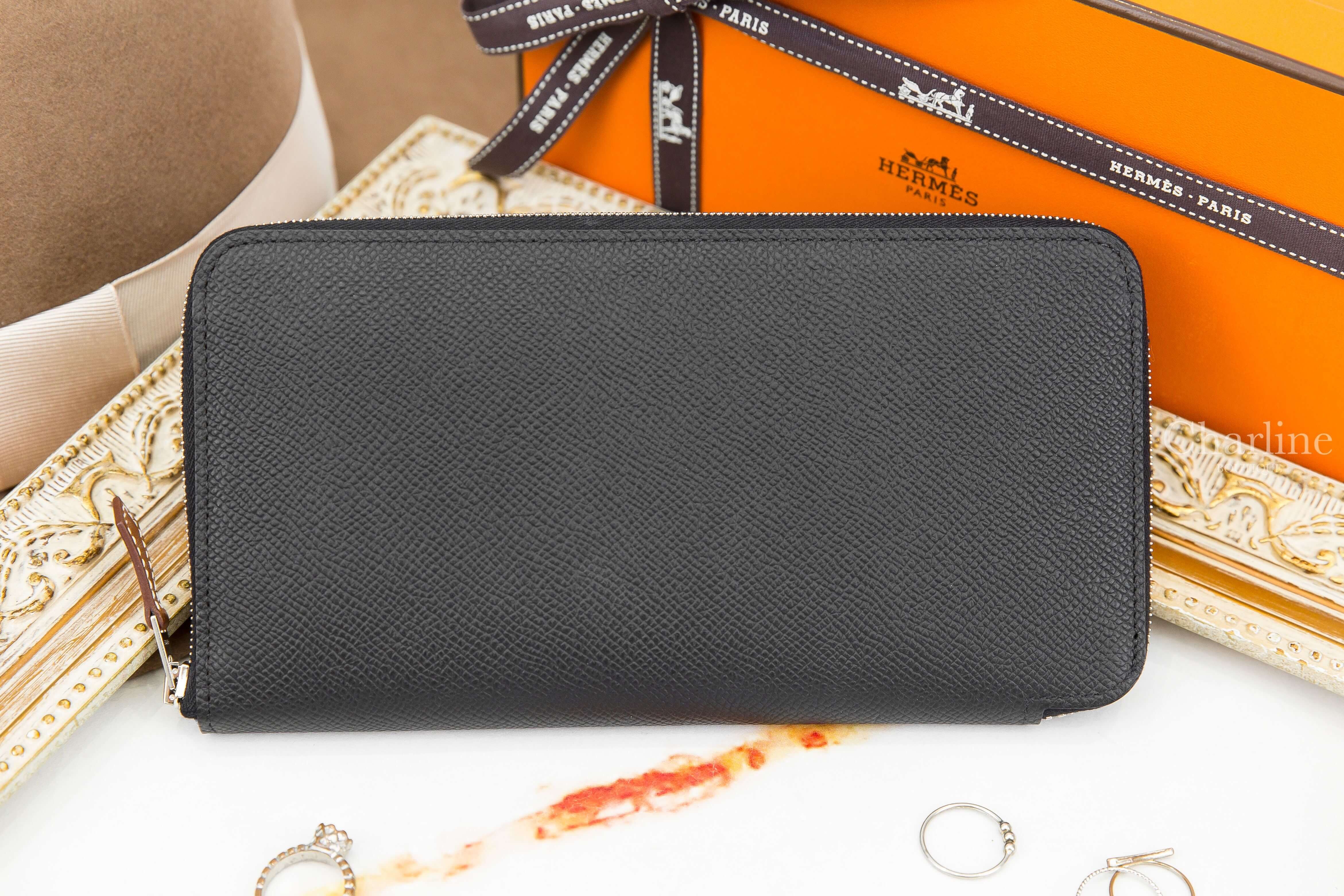 Hermès Silk'in Classique Long Wallet 89 Noir Epsom 黑色絲巾拉鍊長夾-Charline Boutique 精品代購