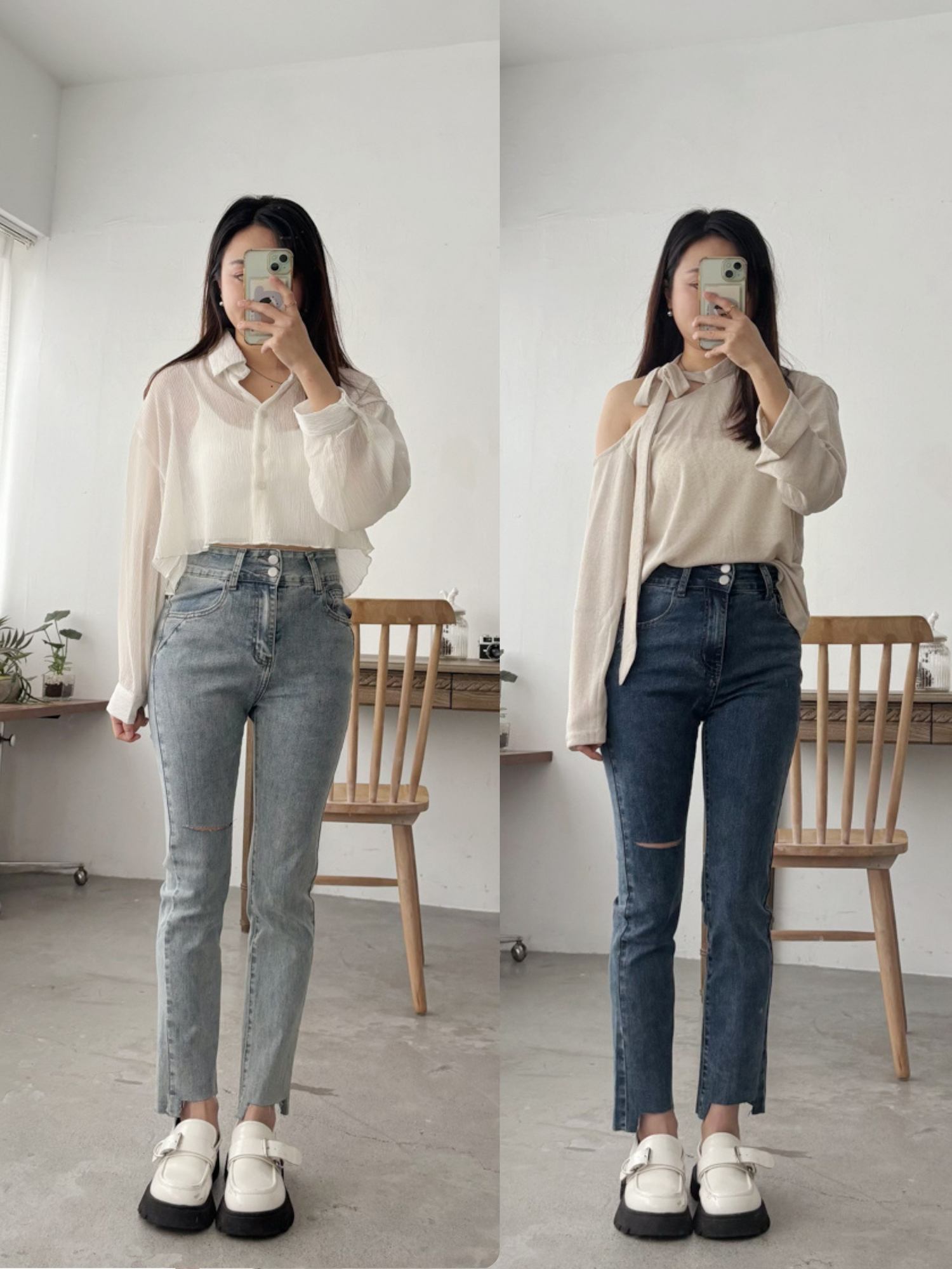 彈力牛仔雙釦割破小腳褲(S-2XL)(2色)