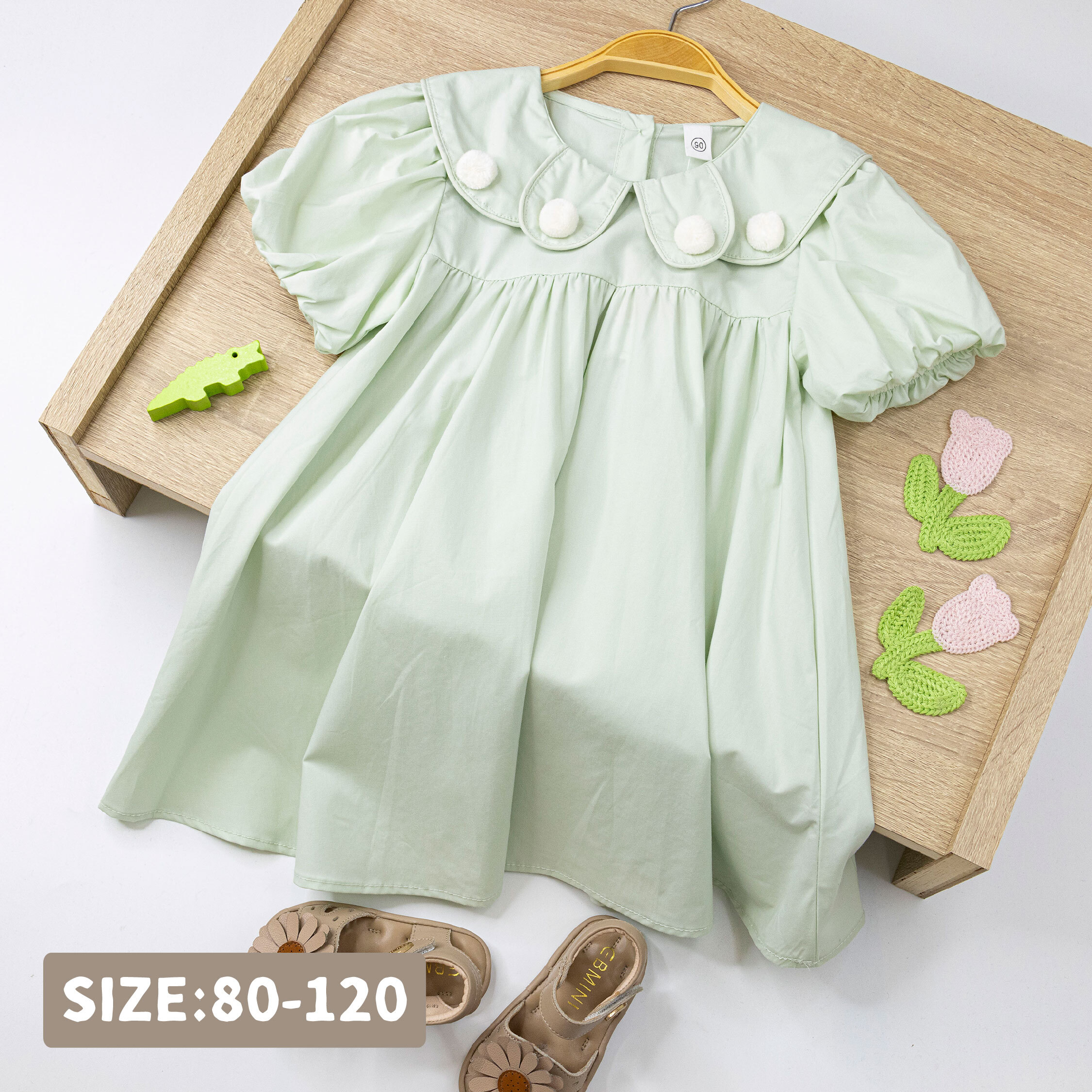 【H50518】清新薄荷立體球球縮口袖洋裝