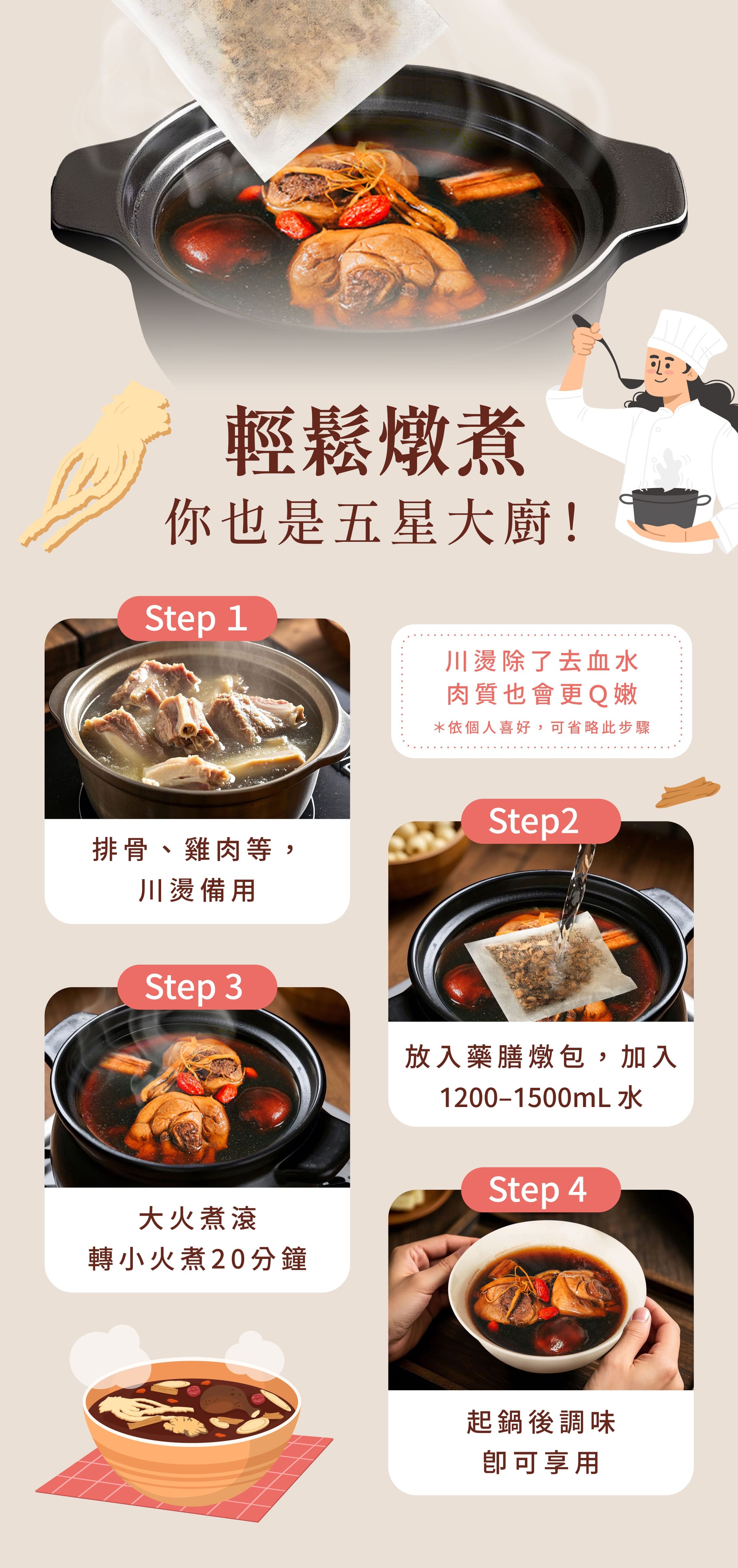 登義活力雞藥膳包燉煮步驟