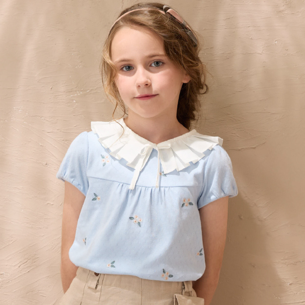 PIPPY 甜美浪漫公主澎澎袖剪接純棉荷葉領上衣 水