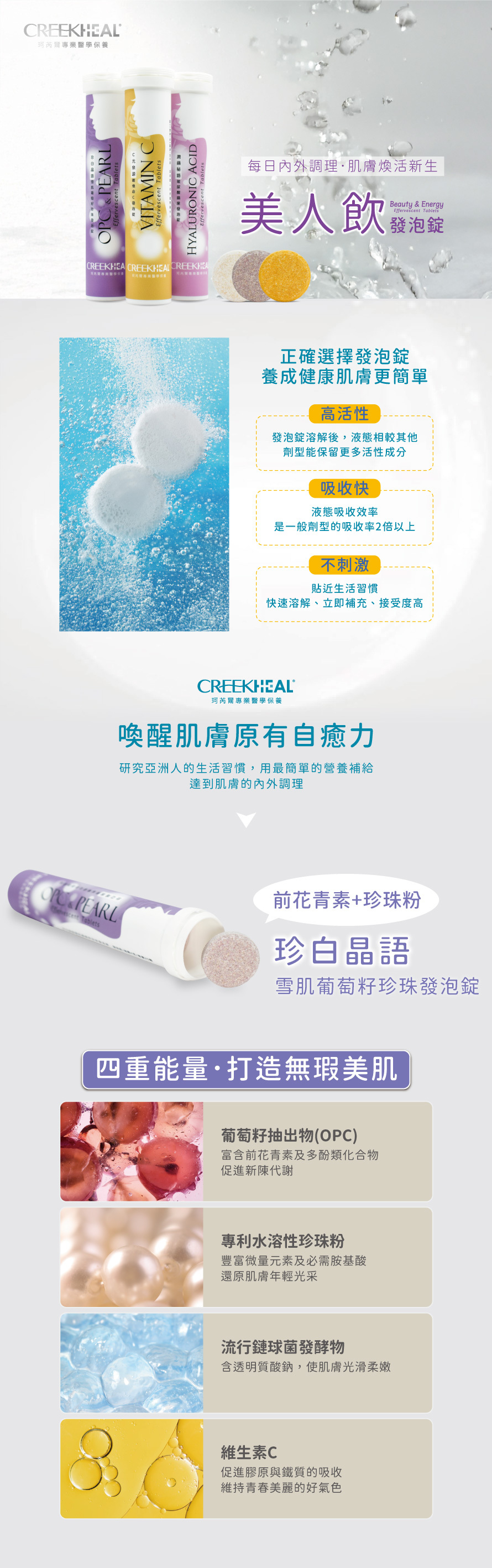 CREEKHEAL珂芮爾 珍白晶語雪肌葡萄籽珍珠發泡錠 亮白界的首席 養顏x保濕x抗衰老 小小一錠 健康美麗都搞定！