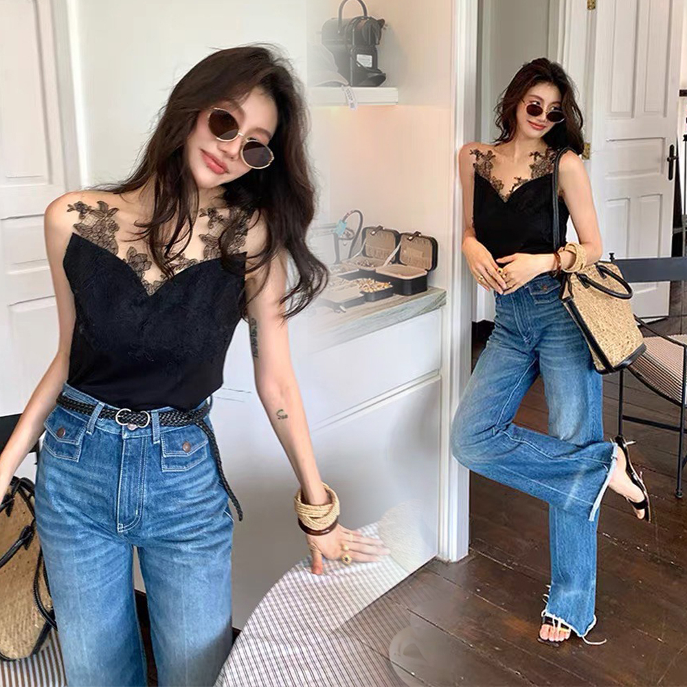 經典黑浪漫花朵蕾絲肩帶背心-S-L (Elegant & Love)