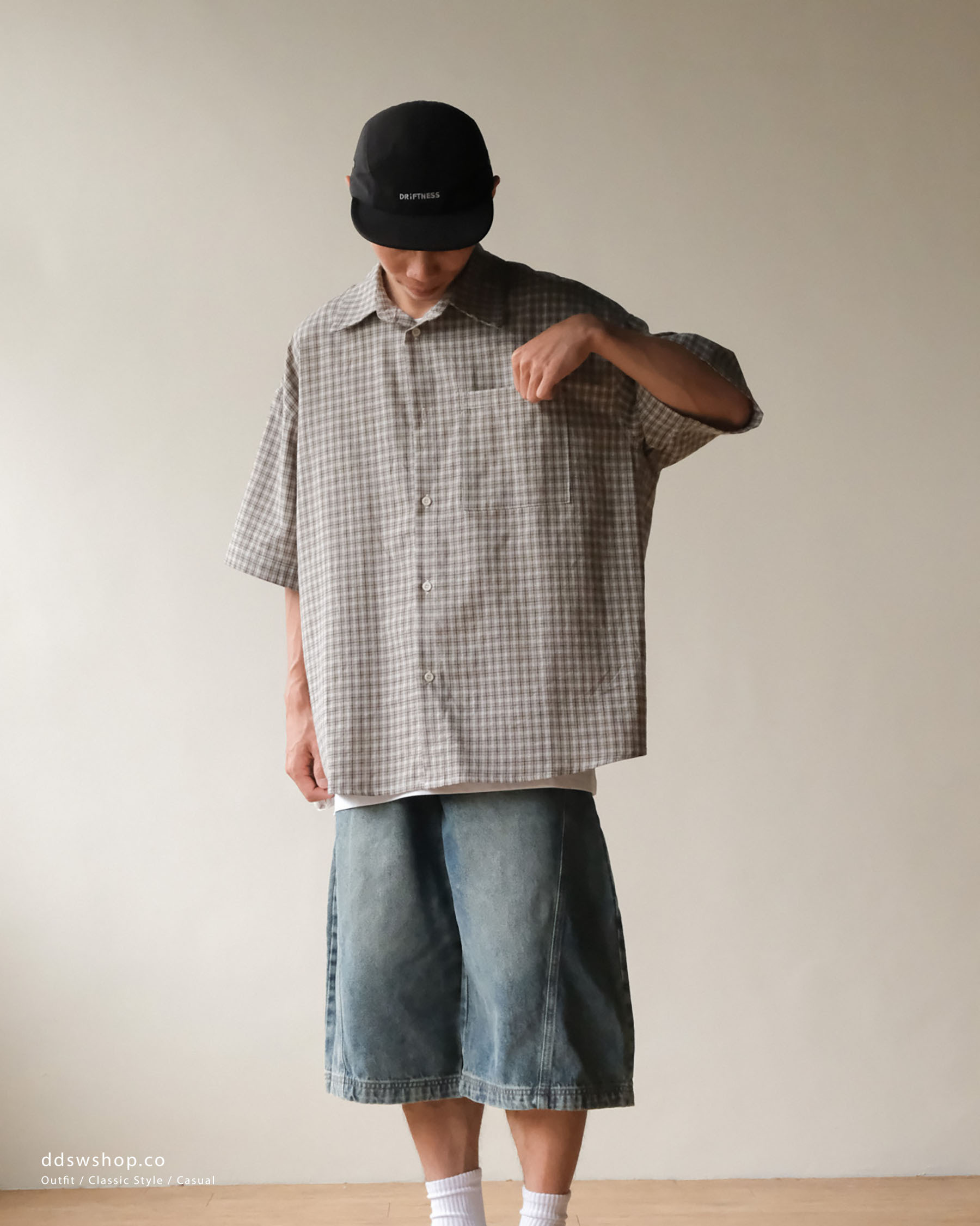 D.CLOSET 復古灰綠 格紋襯衫 ST07