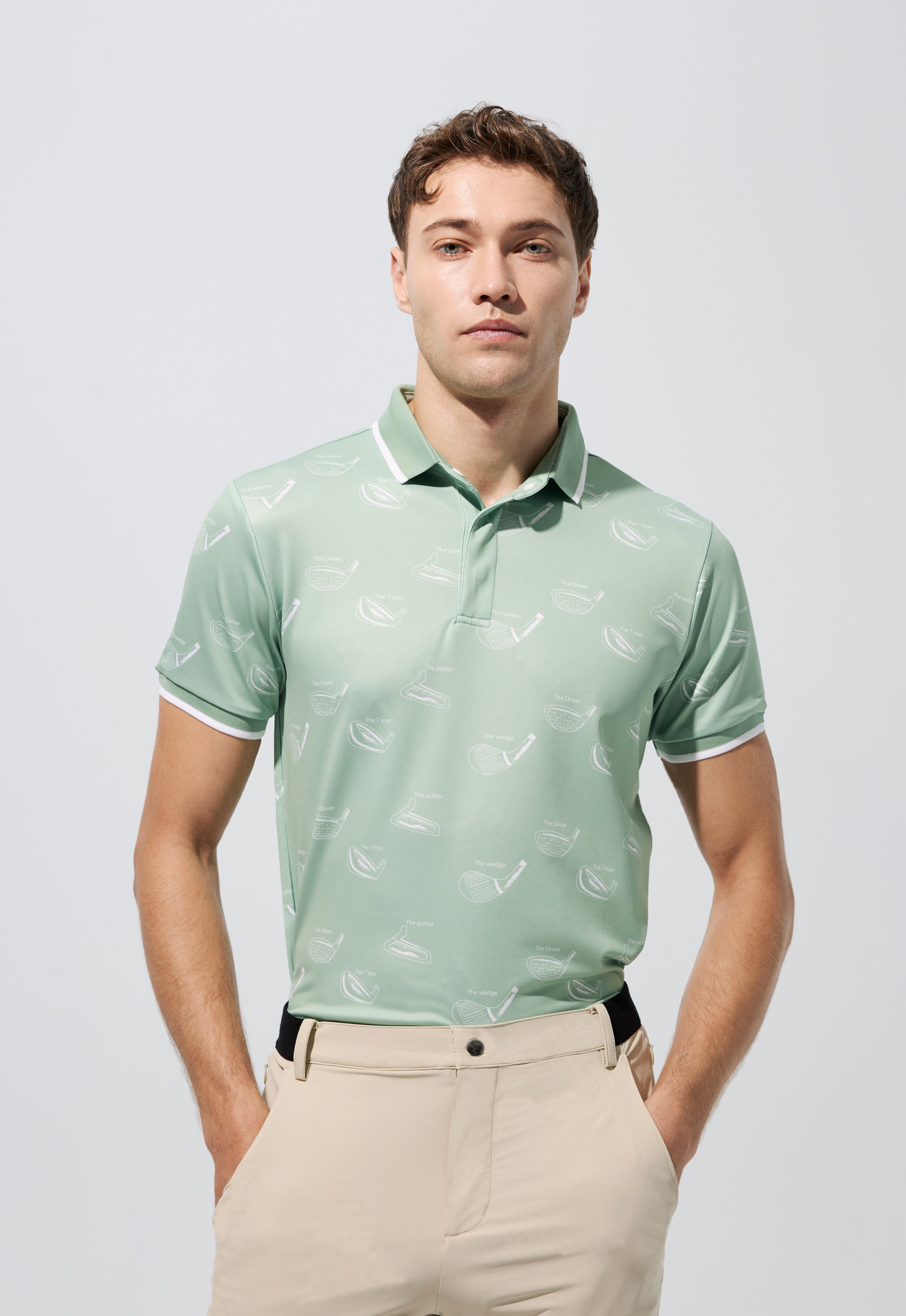 手繪桿頭印花男衫-青草綠