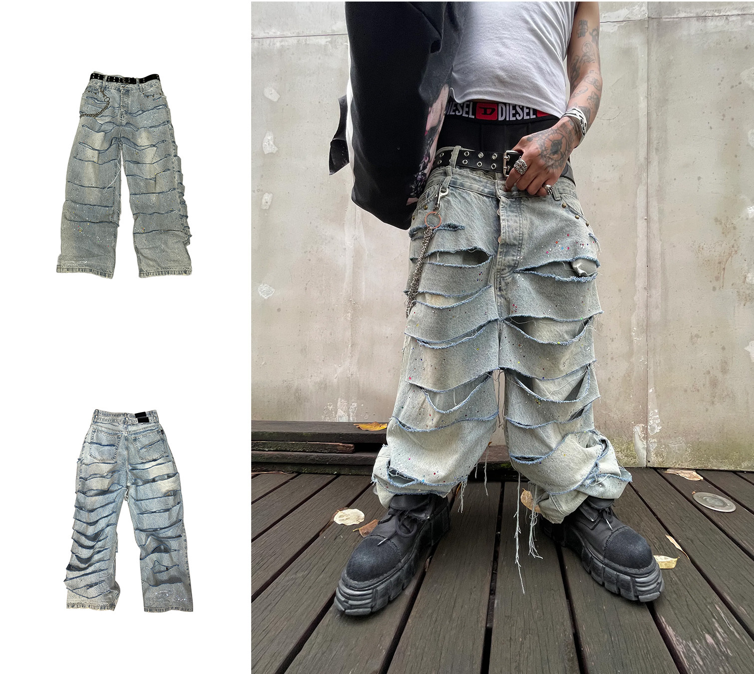 PANACEA x PICE OF SHIT 破壞水鑽闊腿牛仔褲