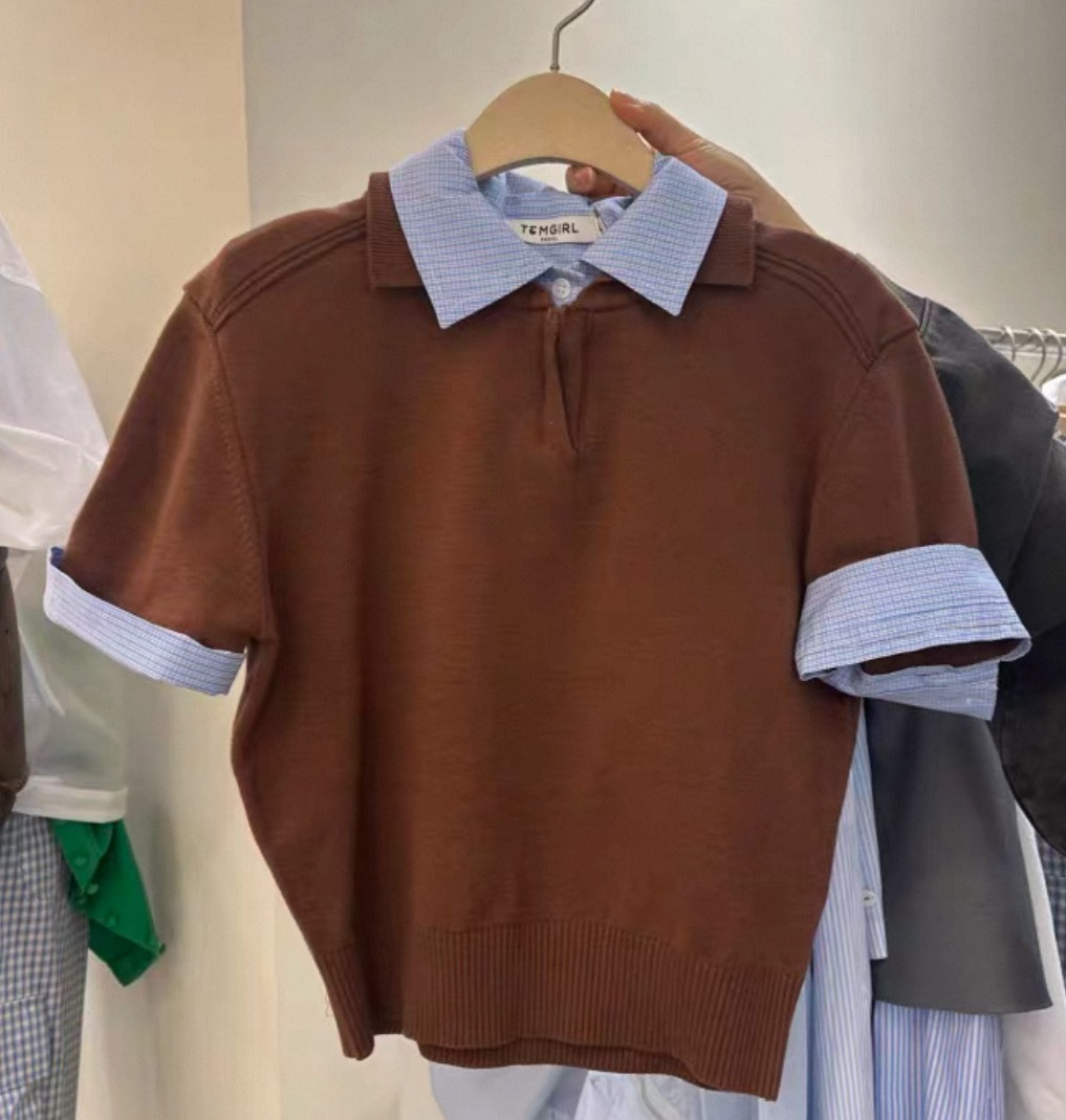 假兩件針織格紋襯衫套裝