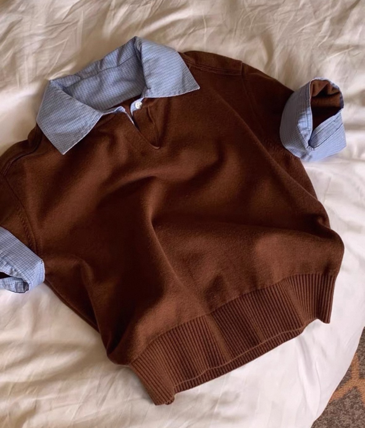 假兩件針織格紋襯衫套裝