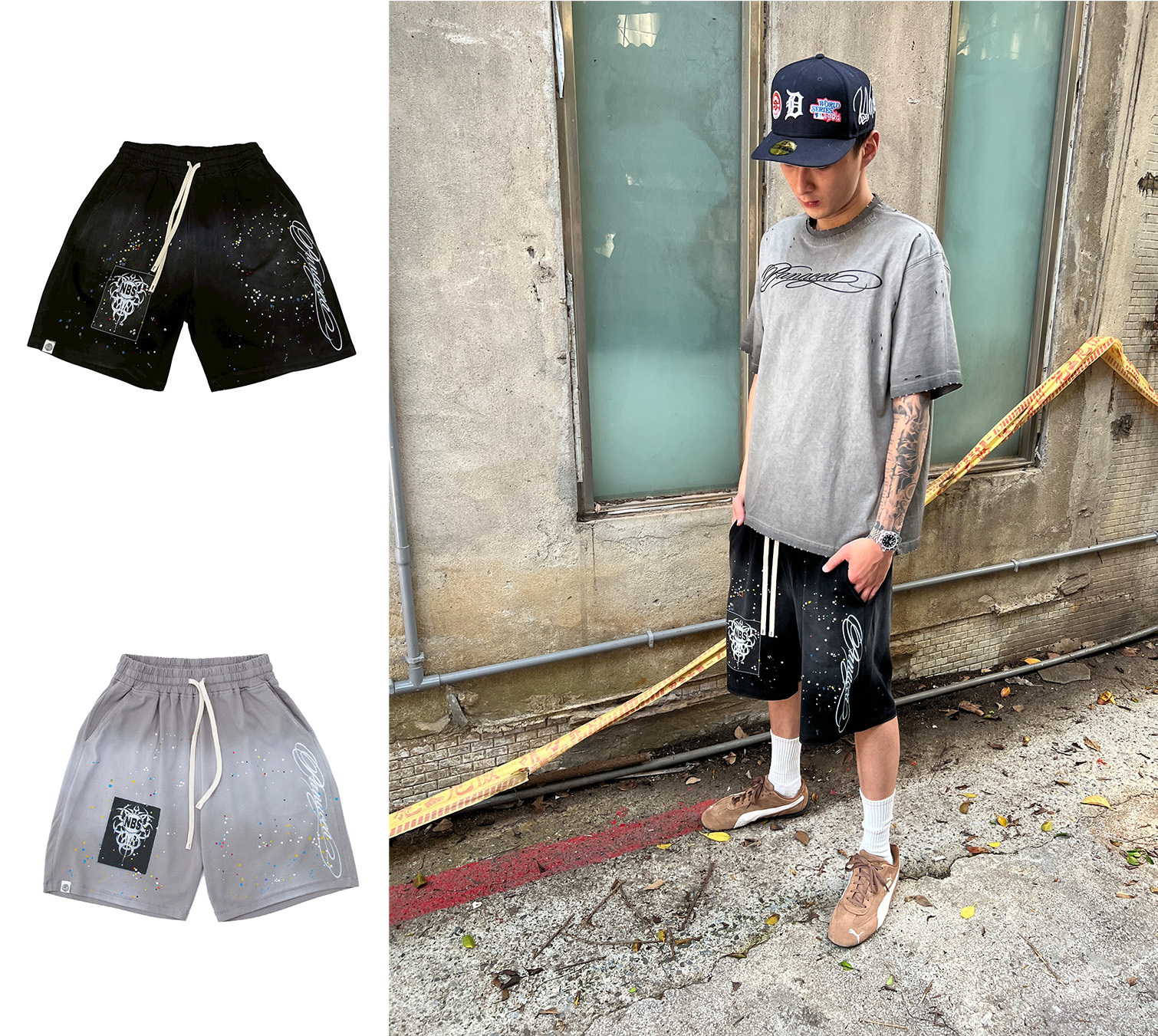 PANACEA x PICE OF SHIT 水鑽潑墨棉短褲