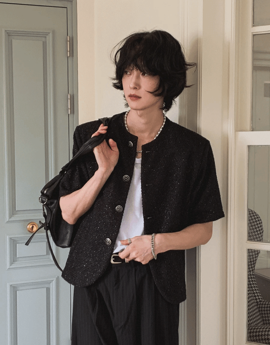 珍珠粗花呢短袖夾克外套